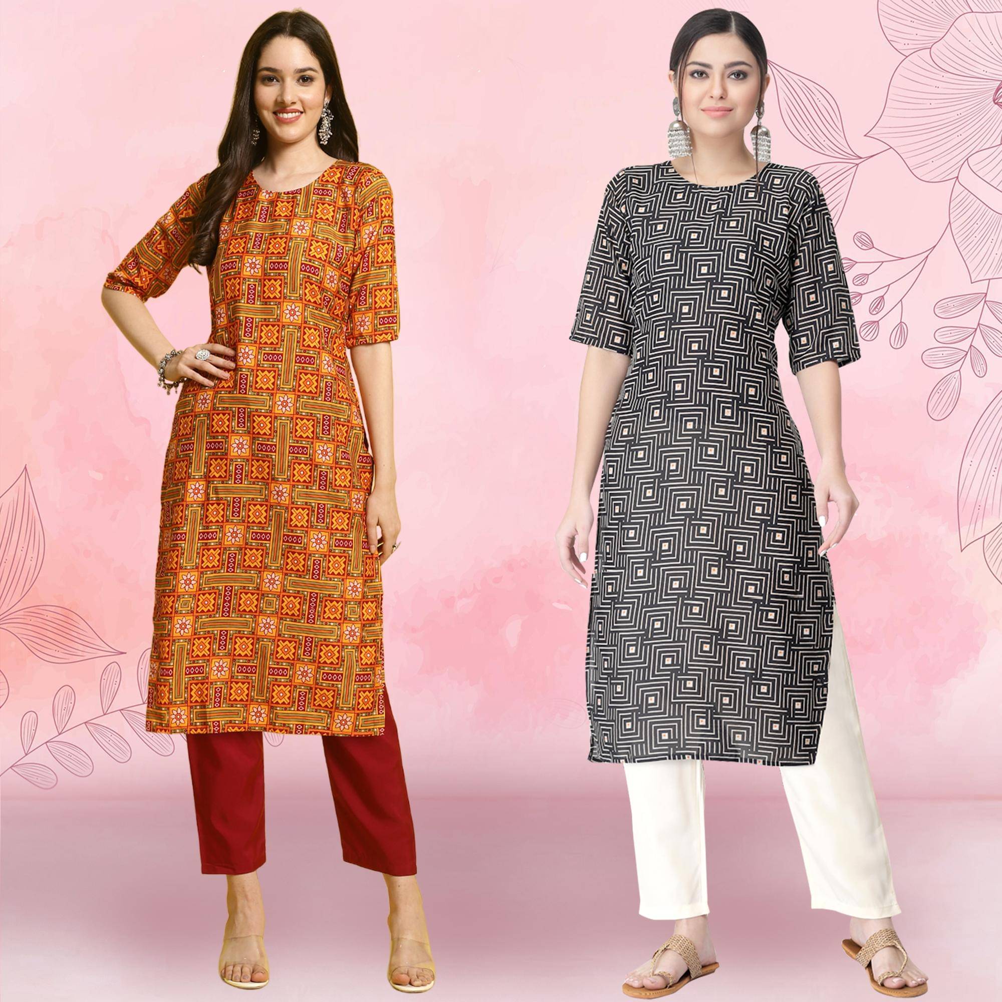     			Ethnicbasket Crepe Printed Kurti With Pants Women's Stitched Salwar Suit - Black ( Pack of 2 )