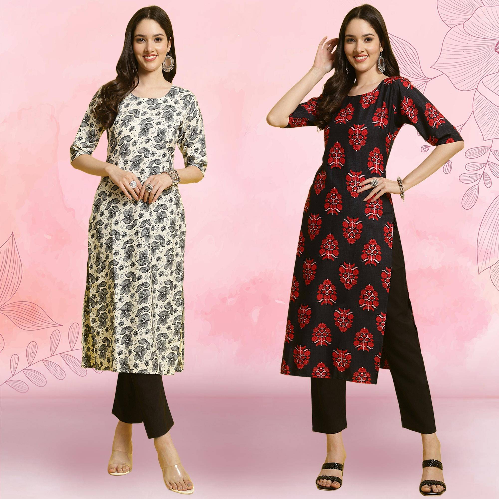     			Ethnicbasket Crepe Printed Kurti With Pants Women's Stitched Salwar Suit - Black ( Pack of 2 )