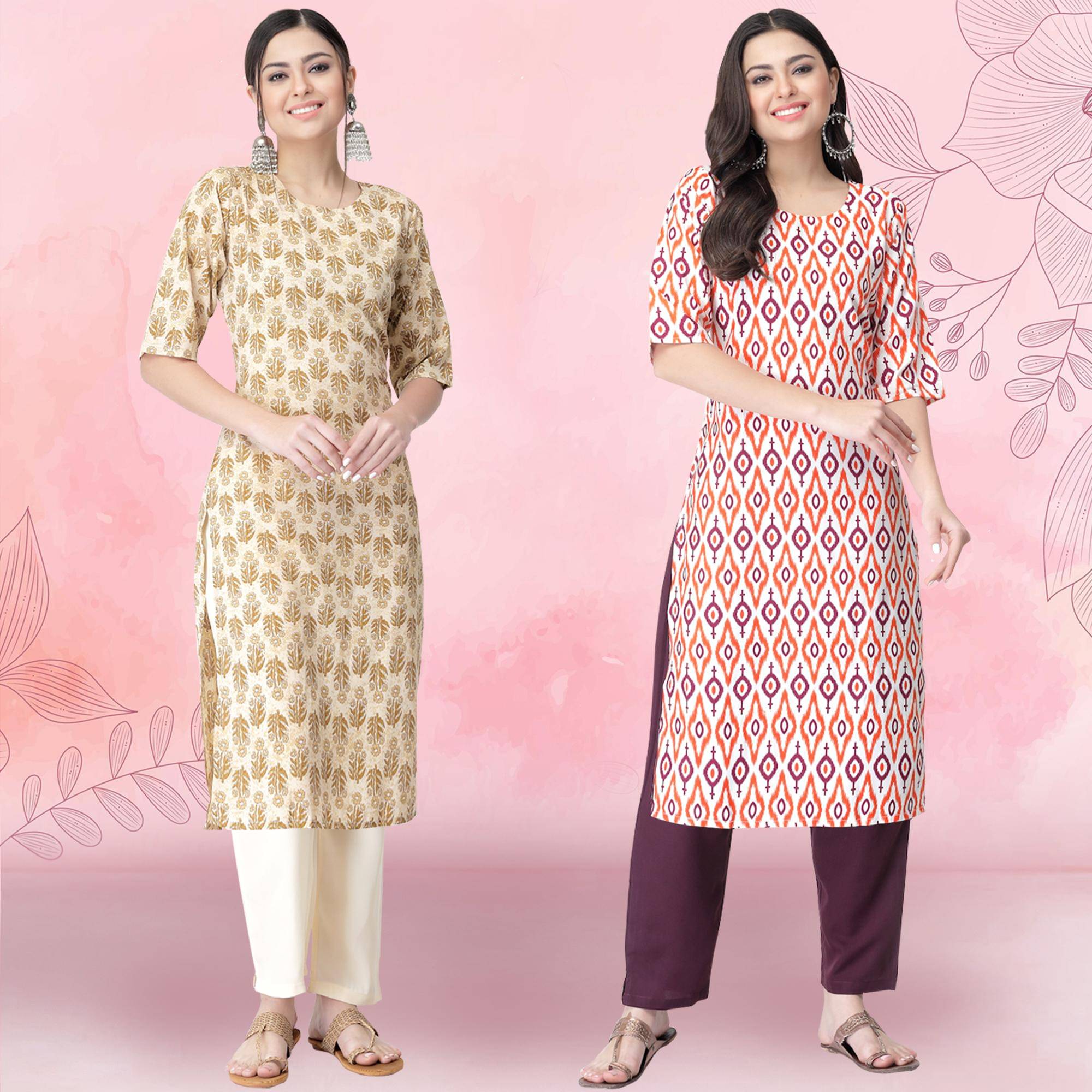 1 Stop Fashion Pack of 2 Crepe Printed Straight Women's Kurti - ( Multicolor2 ) 1 Stop Fashion Pack of 2 Crepe Printed Straight Women's Kurti - ( Multicolor2 )
