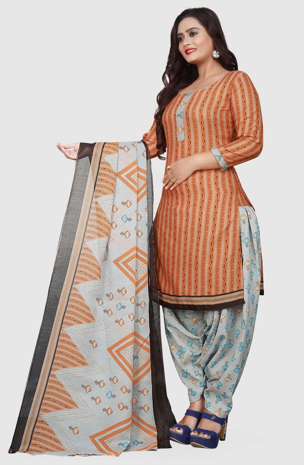 Rajnandini Unstitched Cotton Blend Printed Dress Material - Orange ( Pack of 1 ) - Unstitched Fabrics | Buy online on ZillyBuy