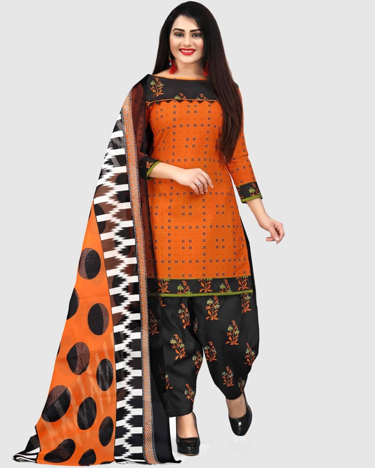     			Rajnandini Unstitched Cotton Blend Printed Dress Material - Orange ( Pack of 1 )