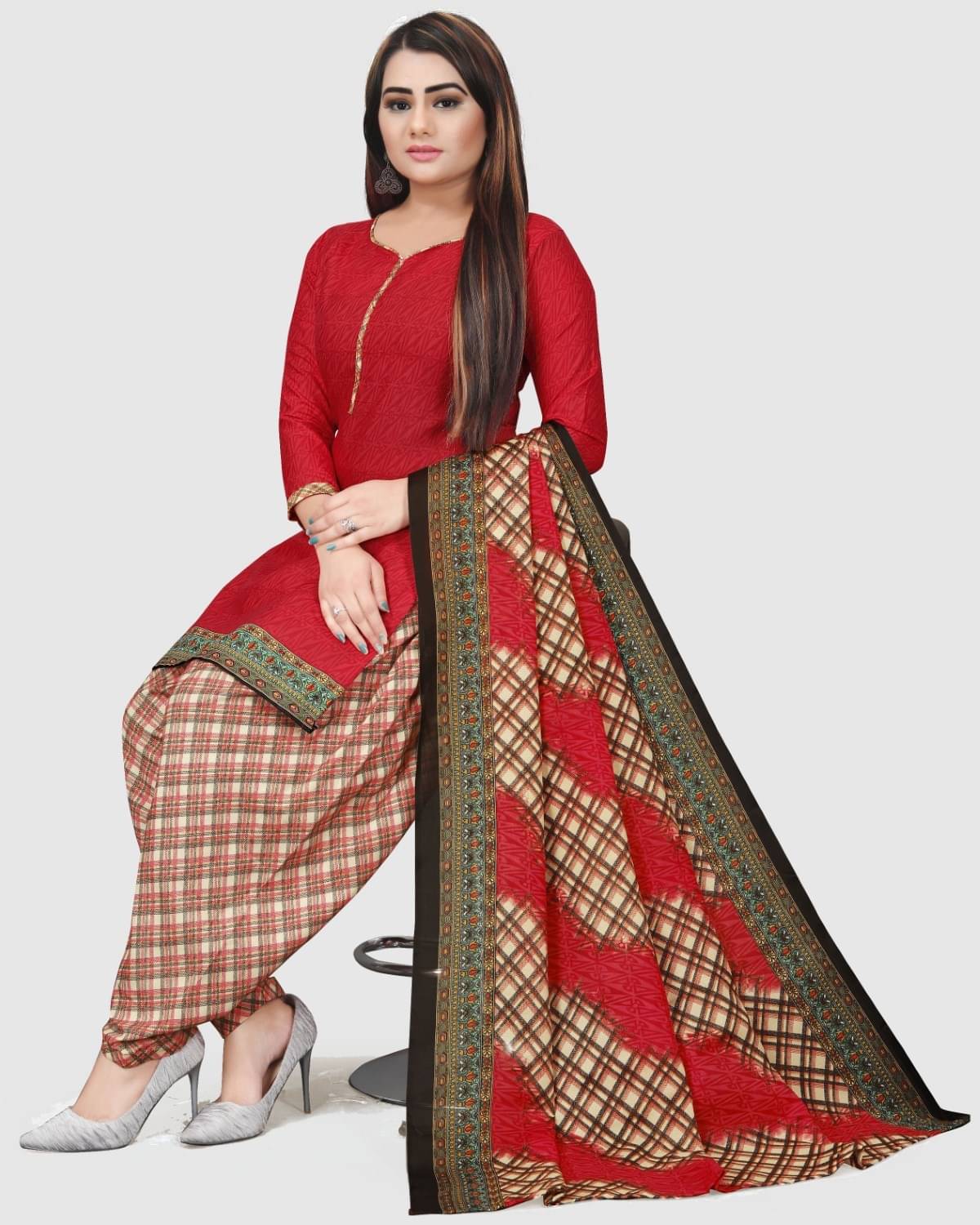     			Rajnandini Unstitched Cotton Blend Printed Dress Material - Red ( Pack of 1 )