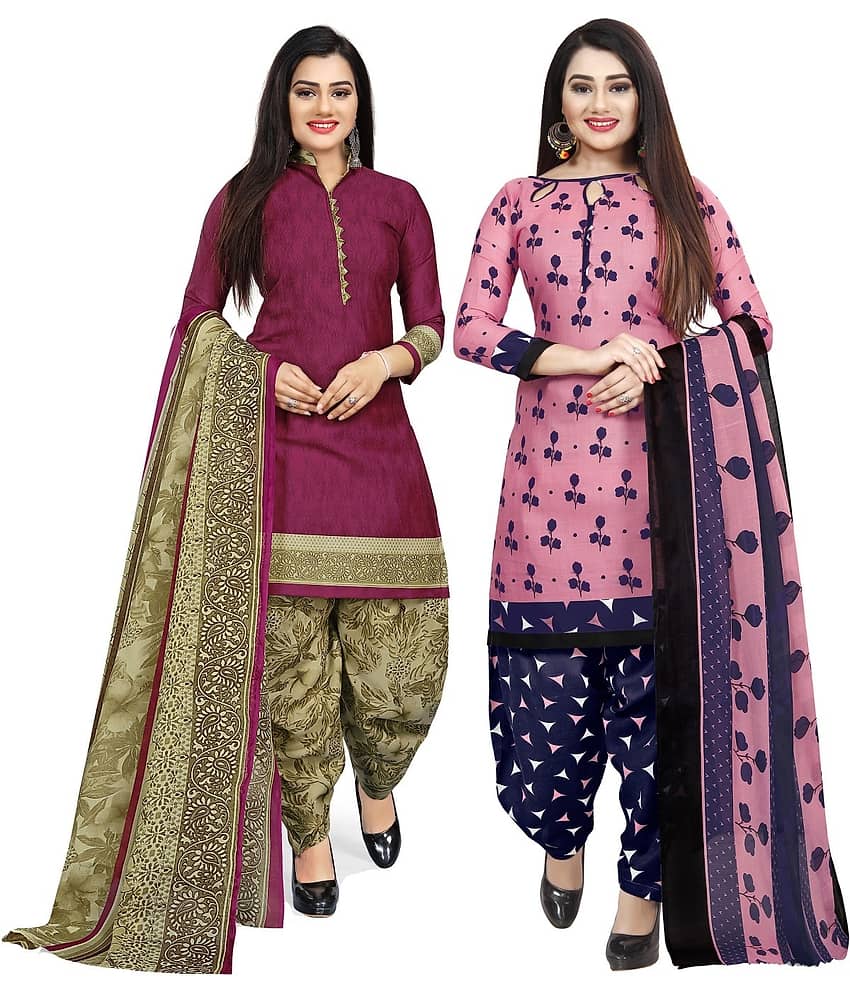 Rajnandini Unstitched Cotton Blend Printed Dress Material - Multicolor 3 ( Pack of 2 ) - Unstitched Fabrics | Buy online on ZillyBuy