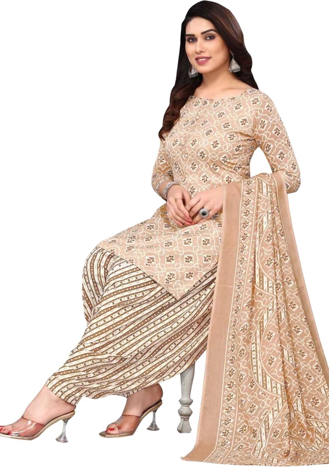     			Rajnandini Unstitched Cotton Blend Printed Dress Material - Beige ( Pack of 1 )