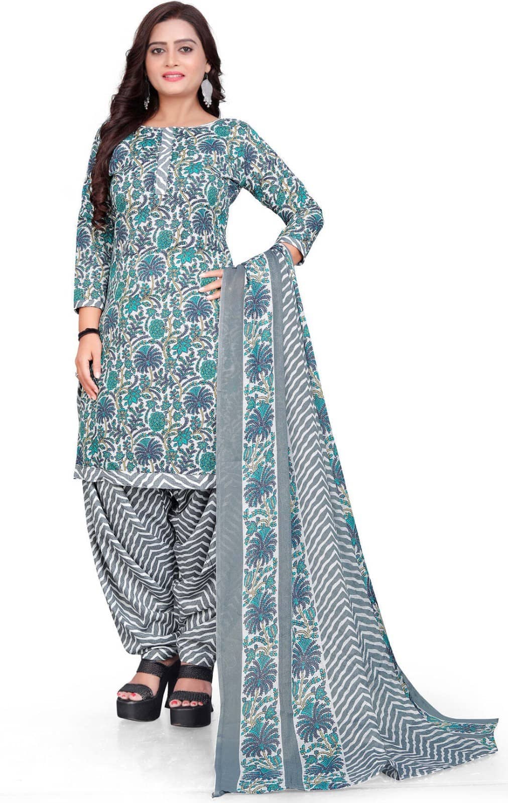 Rajnandini Unstitched Cotton Blend Printed Dress Material - Grey ( Pack of 1 ) - Unstitched Fabrics | Buy online on ZillyBuy