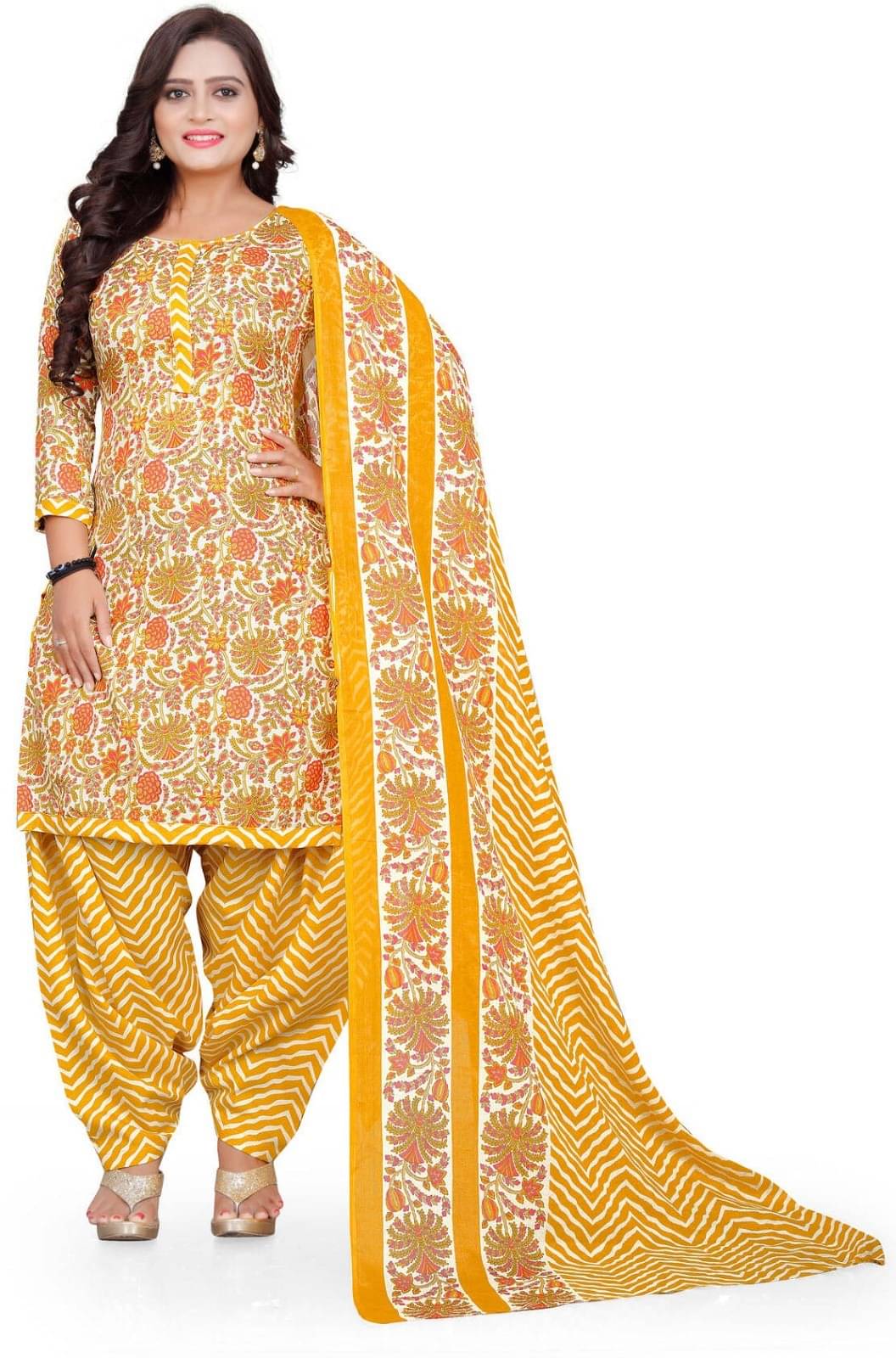     			Rajnandini Unstitched Cotton Blend Printed Dress Material - Yellow ( Pack of 1 )