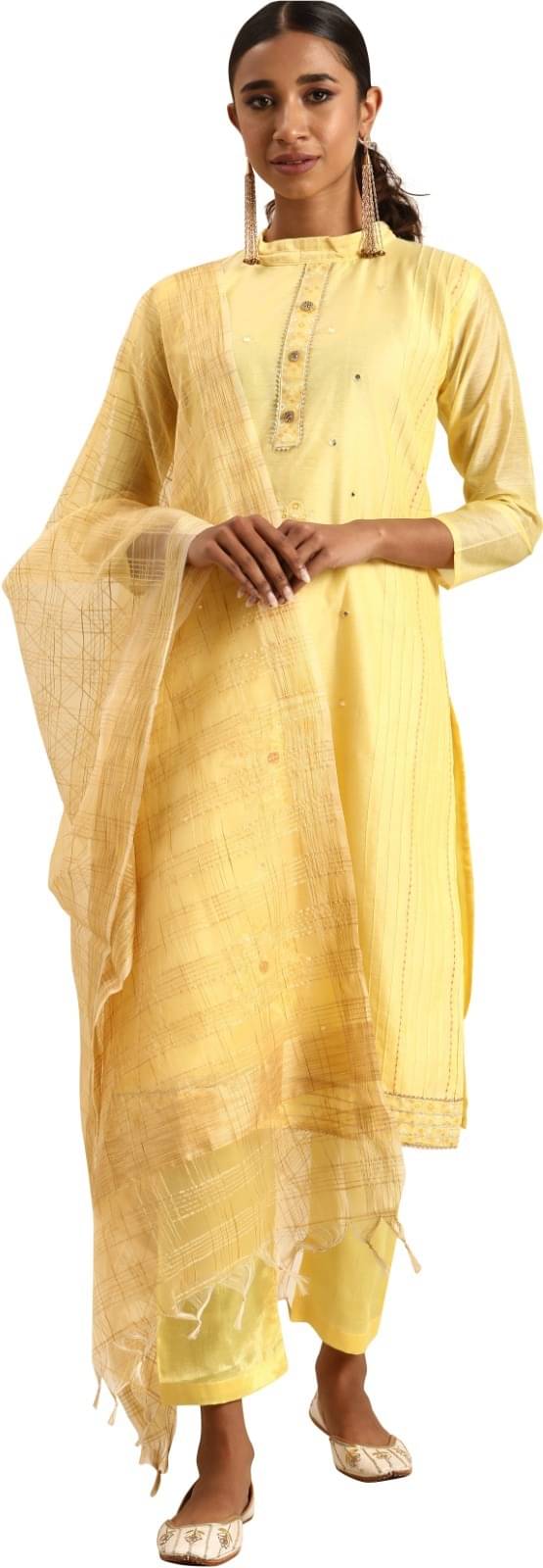 Rajnandini Unstitched Silk Blend Embellished Dress Material - Yellow ( Pack of 1 ) Rajnandini Unstitched Silk Blend Embellished Dress Material - Yellow ( Pack of 1 )