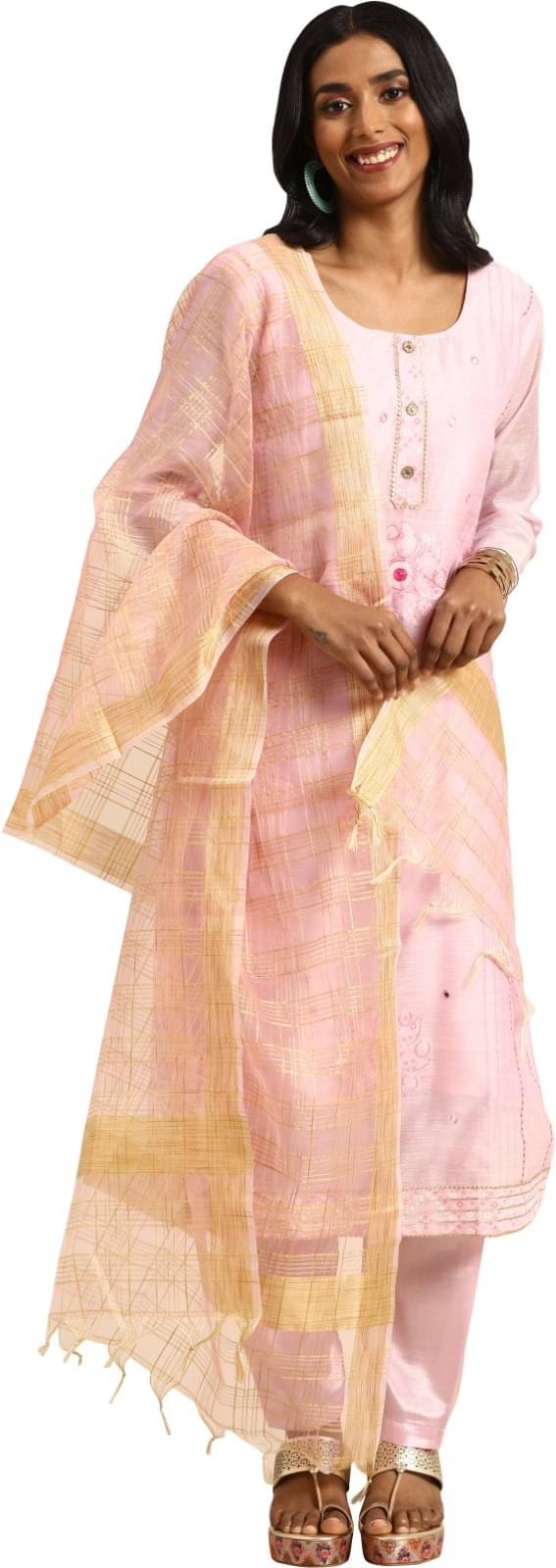 Rajnandini Unstitched Silk Blend Embellished Dress Material - Pink ( Pack of 1 ) Rajnandini Unstitched Silk Blend Embellished Dress Material - Pink ( Pack of 1 )