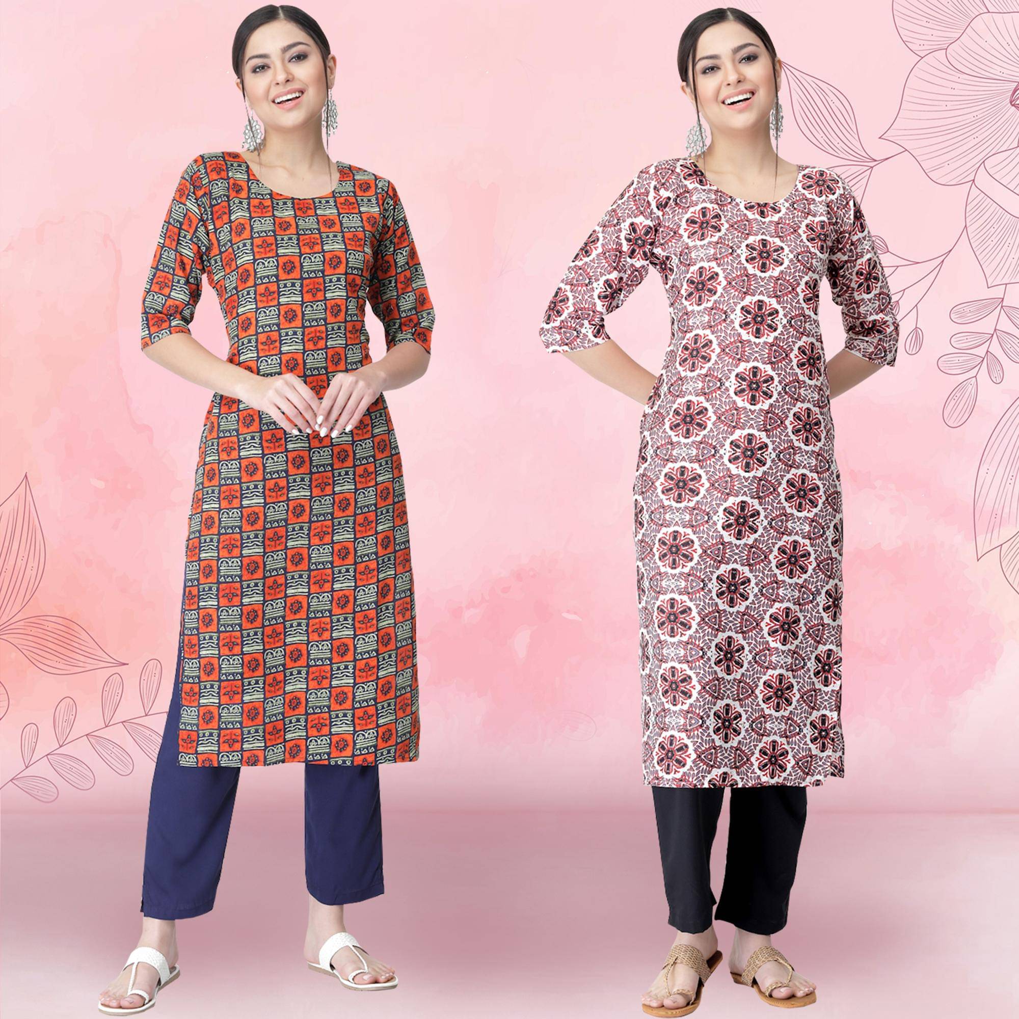 1 Stop Fashion Pack of 2 Crepe Printed Straight Women's Kurti - ( Multicolor1 ) 1 Stop Fashion Pack of 2 Crepe Printed Straight Women's Kurti - ( Multicolor1 )