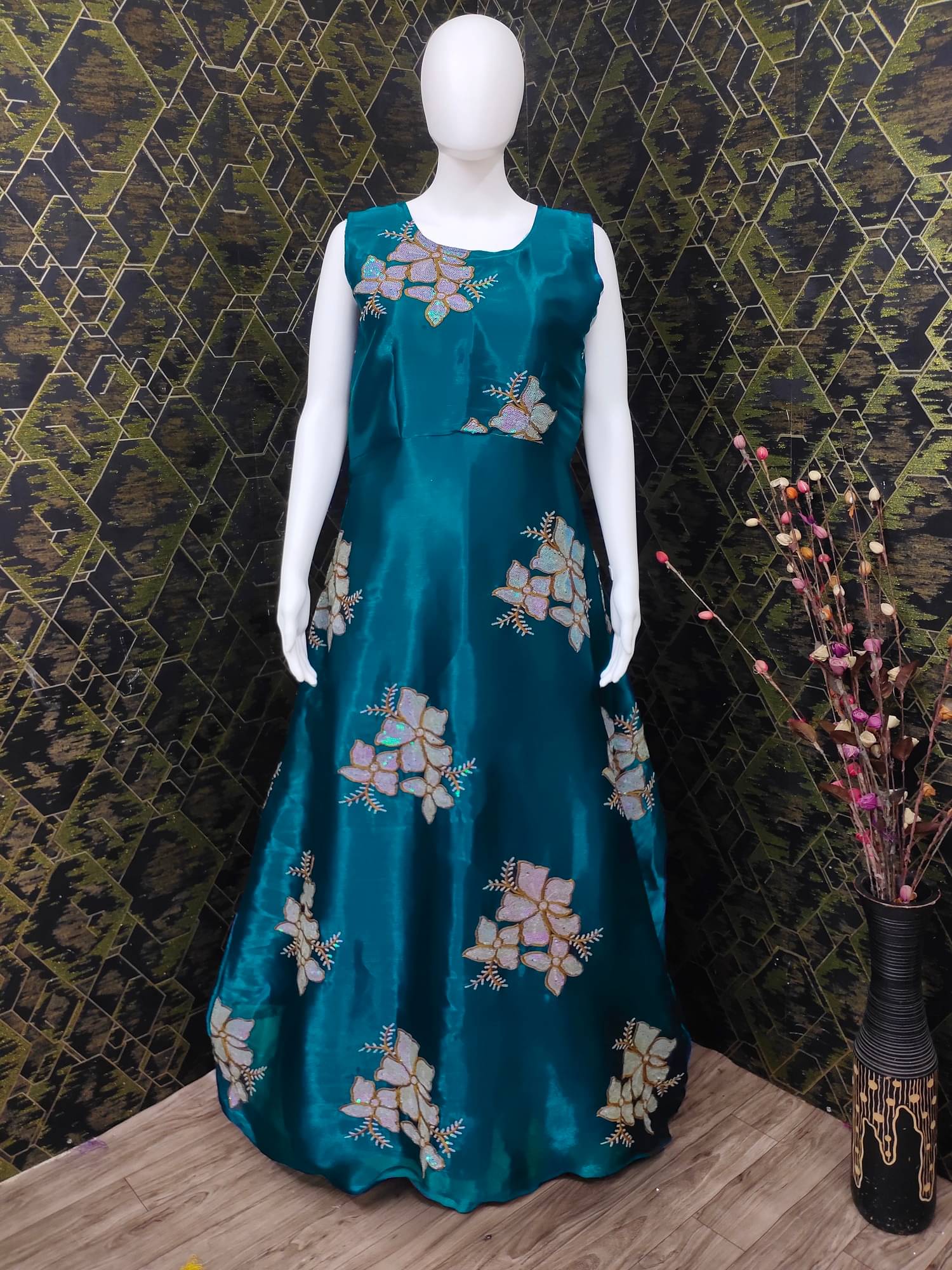     			A TO Z CART Teal Flared Organza Women's Semi Stitched Ethnic Gown ( Pack of 1 )