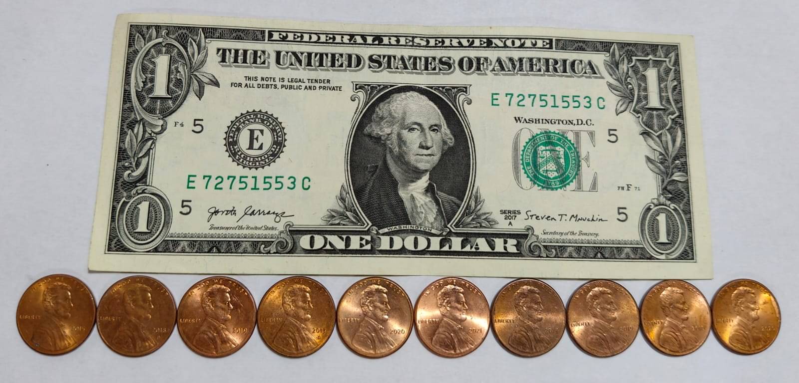     			AMERICA ONE DOLLAR NOTE WITH 10 COIN 1 CENT LINKEN