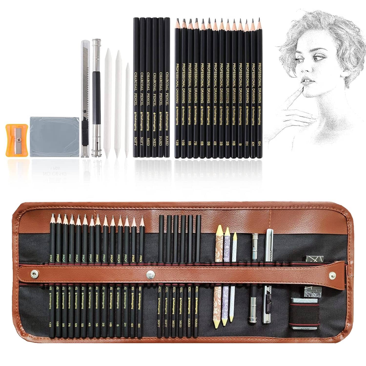 Angel Bear 29 Pieces Professional Sketching & Drawing Art Tool Kit with Graphite Pencils, Charcoal Pencils, Paper Erasable Pen, Craft Knife-Lightwish (with Canvas Rolling Pouch)