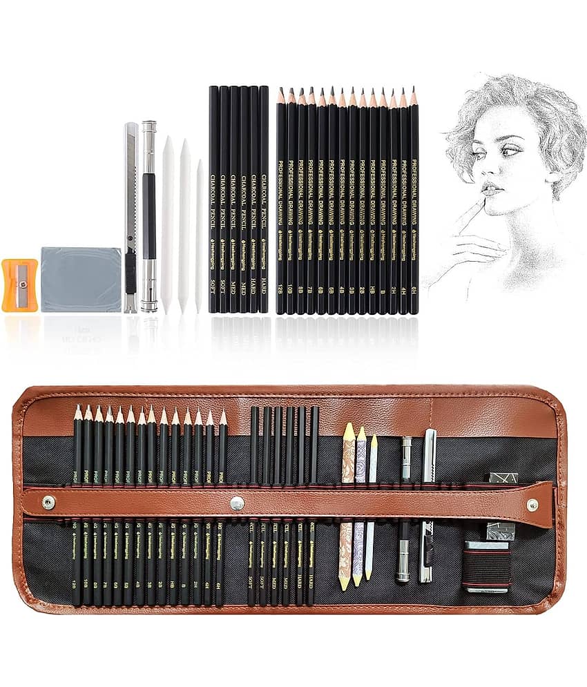 Angel Bear 29 Pieces Professional Sketching & Drawing Art Tool Kit with Graphite Pencils, Charcoal Pencils, Paper Erasable Pen, Craft Knife-Lightwish (with Canvas Rolling Pouch) - Stationery | Buy online on ZillyBuy