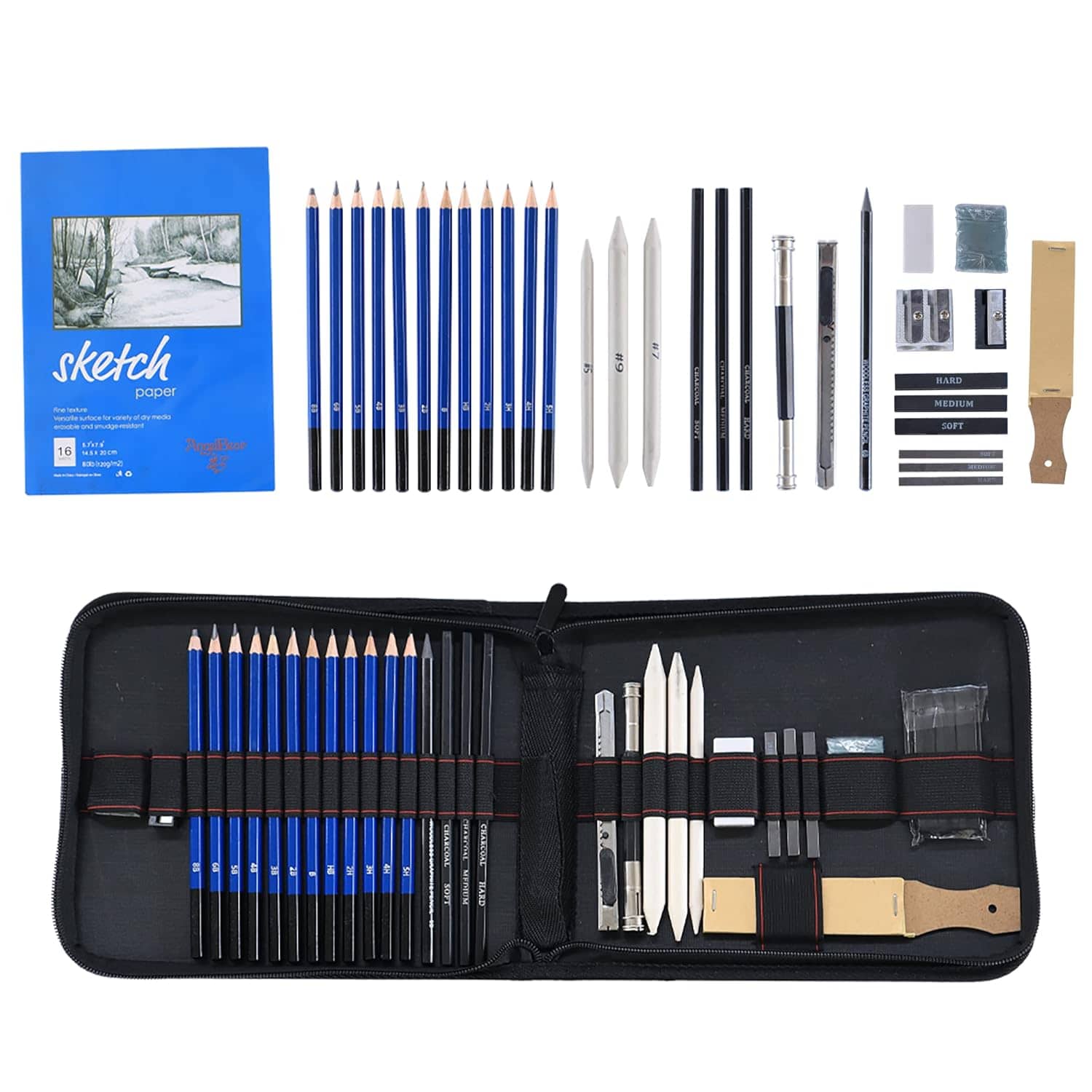 Angel Bear 35 Pieces Professional Drawing Pencils and Sketch Kit for Artist, Blue - Complete Art Set for Beginners & Professionals with Graphite, Charcoal, Blending Tools, and More with Carry Bag