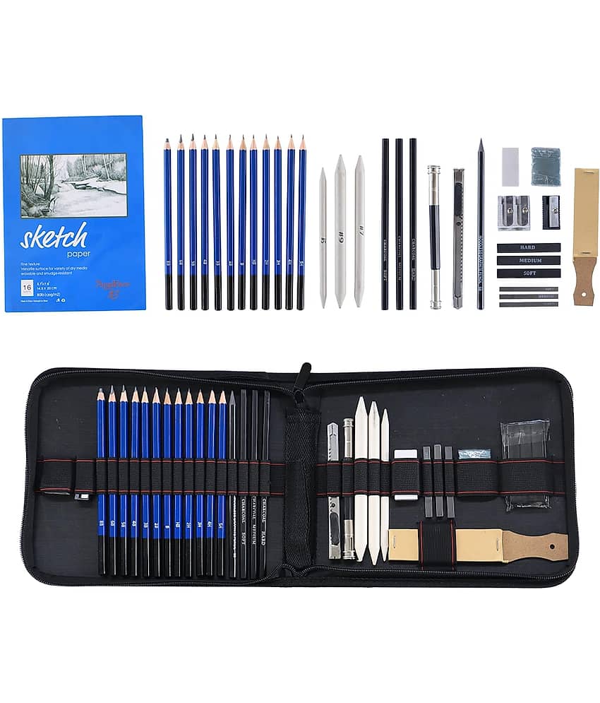 Angel Bear 35 Pieces Professional Drawing Pencils and Sketch Kit for Artist, Blue - Complete Art Set for Beginners & Professionals with Graphite, Charcoal, Blending Tools, and More with Carry Bag - Stationery | Buy online on ZillyBuy