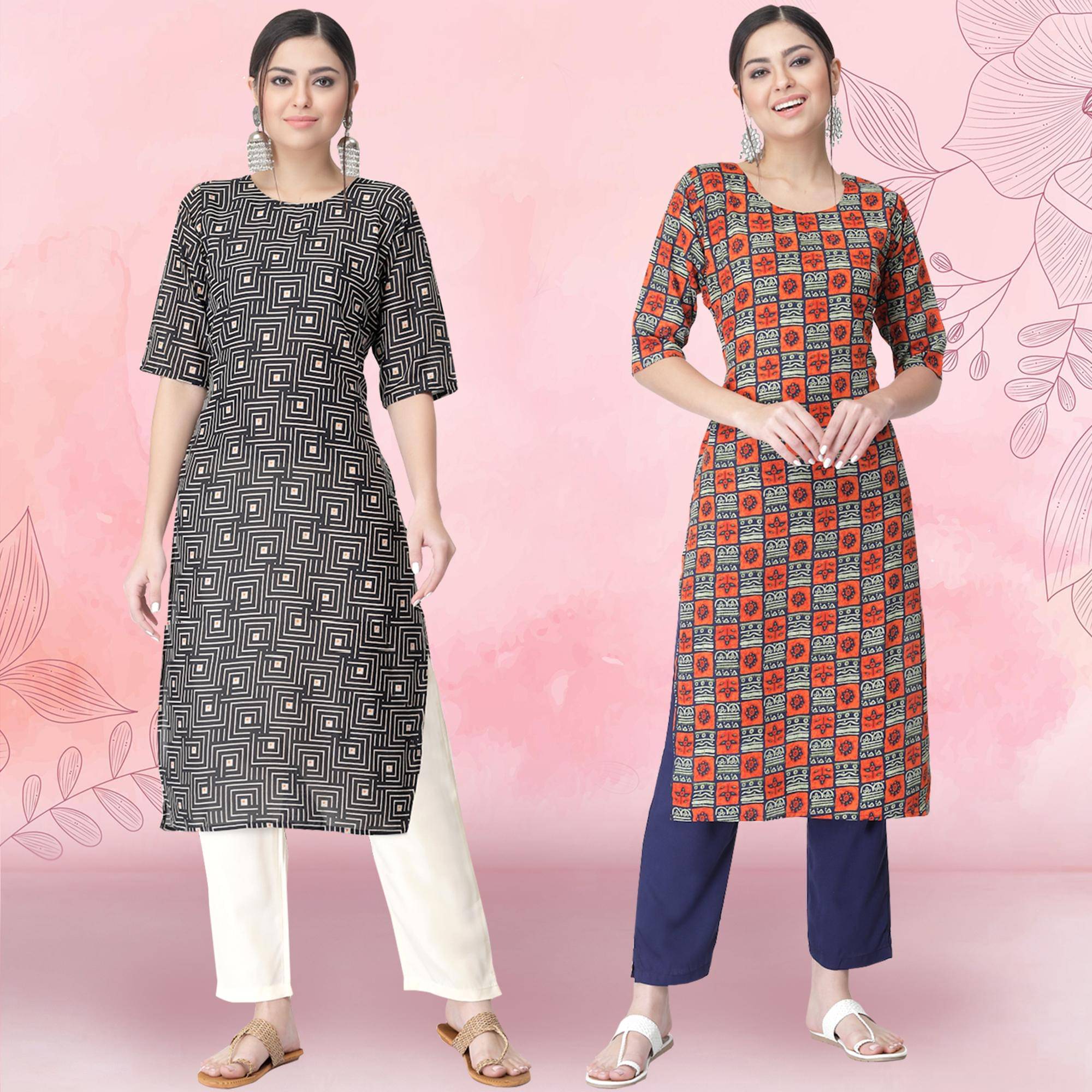     			Ethnicbasket Crepe Printed Kurti With Pants Women's Stitched Salwar Suit - Orange ( Pack of 2 )