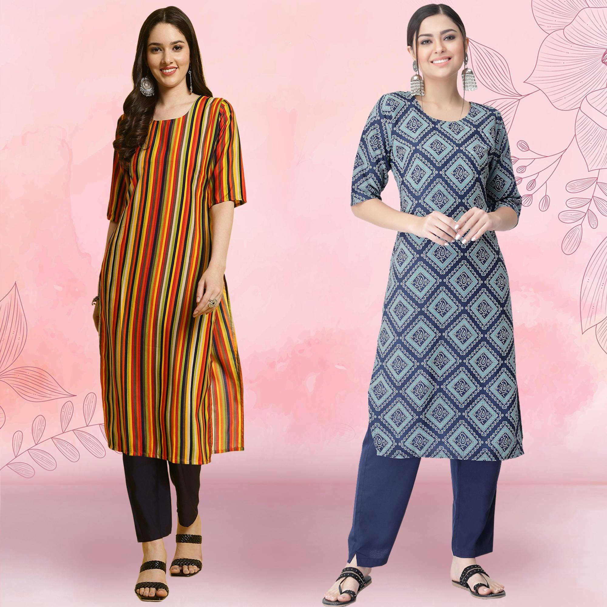 Ethnicbasket Crepe Printed Kurti With Pants Women's Stitched Salwar Suit - Blue ( Pack of 2 )     			Ethnicbasket Crepe Printed Kurti With Pants Women's Stitched Salwar Suit - Blue ( Pack of 2 )