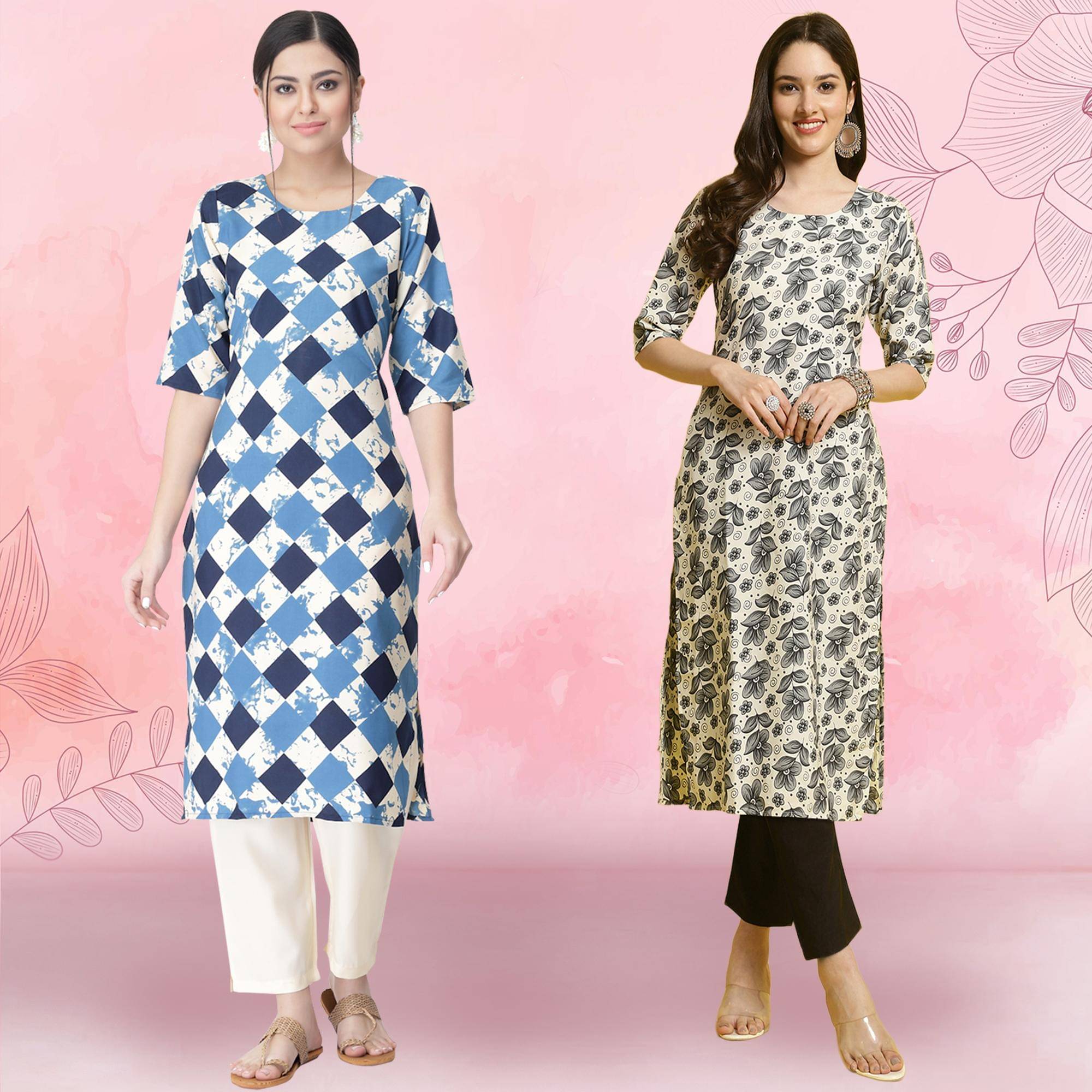Ethnicbasket Crepe Printed Kurti With Pants Women's Stitched Salwar Suit - Grey ( Pack of 2 )     			Ethnicbasket Crepe Printed Kurti With Pants Women's Stitched Salwar Suit - Grey ( Pack of 2 )