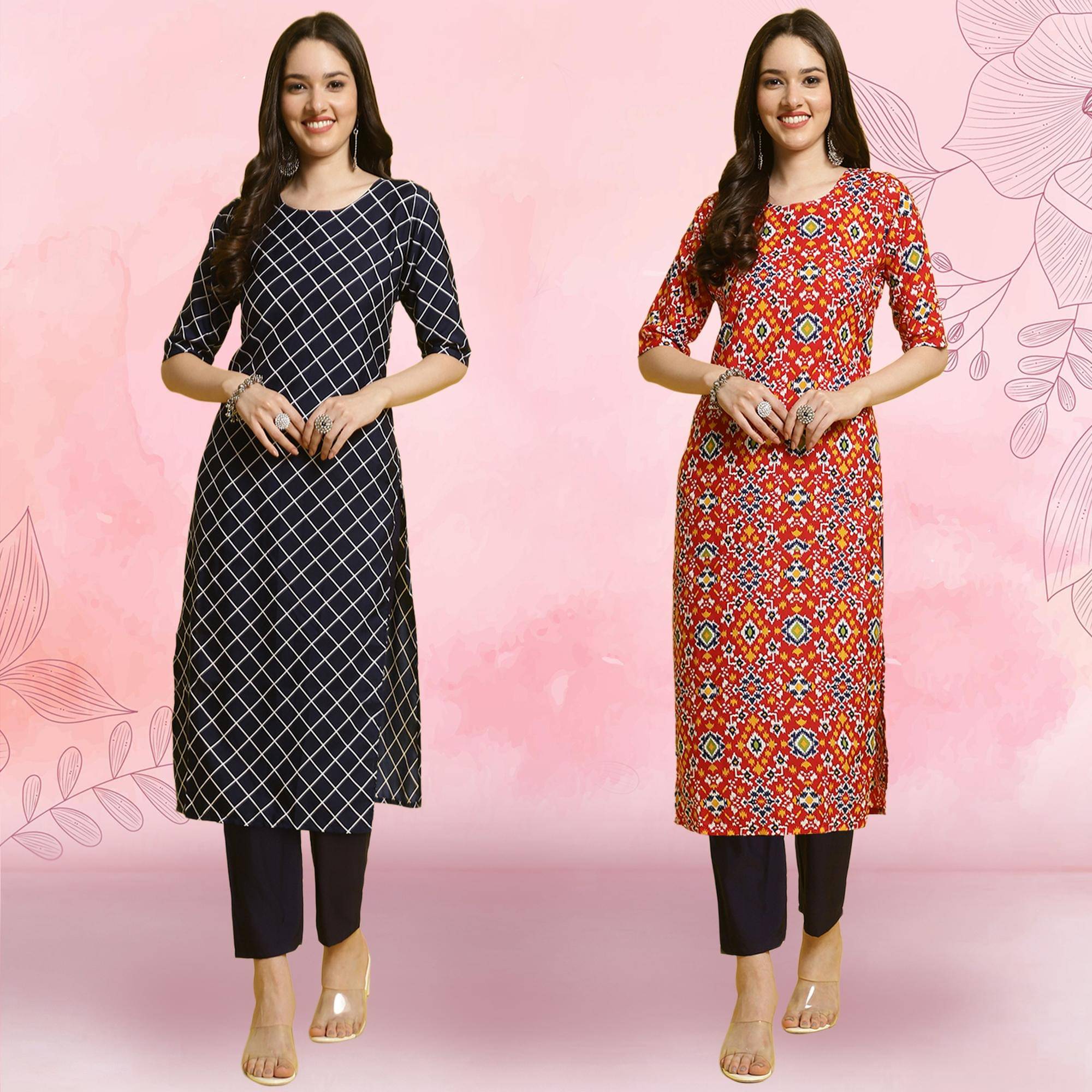 Ethnicbasket Crepe Printed Kurti With Pants Women's Stitched Salwar Suit - Multicoloured ( Pack of 2 )     			Ethnicbasket Crepe Printed Kurti With Pants Women's Stitched Salwar Suit - Multicoloured ( Pack of 2 )