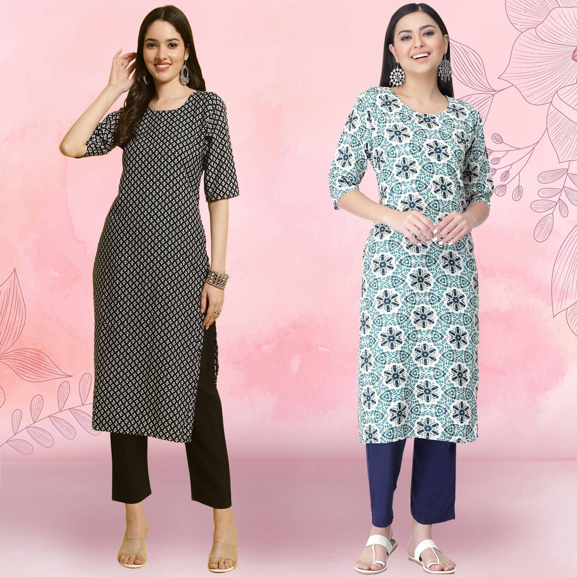 Ethnicbasket Crepe Printed Kurti With Pants Women's Stitched Salwar Suit - Teal ( Pack of 2 )     			Ethnicbasket Crepe Printed Kurti With Pants Women's Stitched Salwar Suit - Teal ( Pack of 2 )