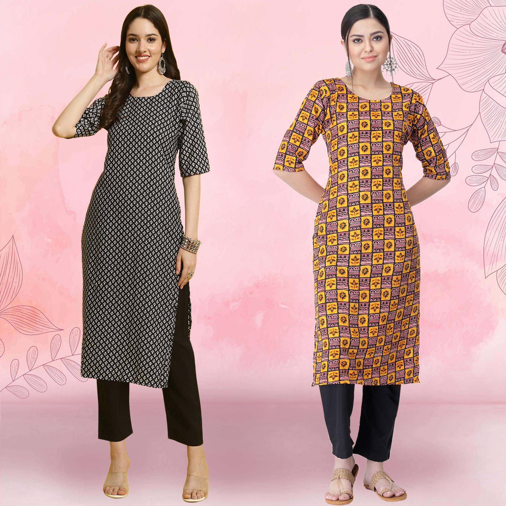 Ethnicbasket Crepe Printed Kurti With Pants Women's Stitched Salwar Suit - Yellow ( Pack of 2 ) Ethnicbasket Crepe Printed Kurti With Pants Women's Stitched Salwar Suit - Yellow ( Pack of 2 )