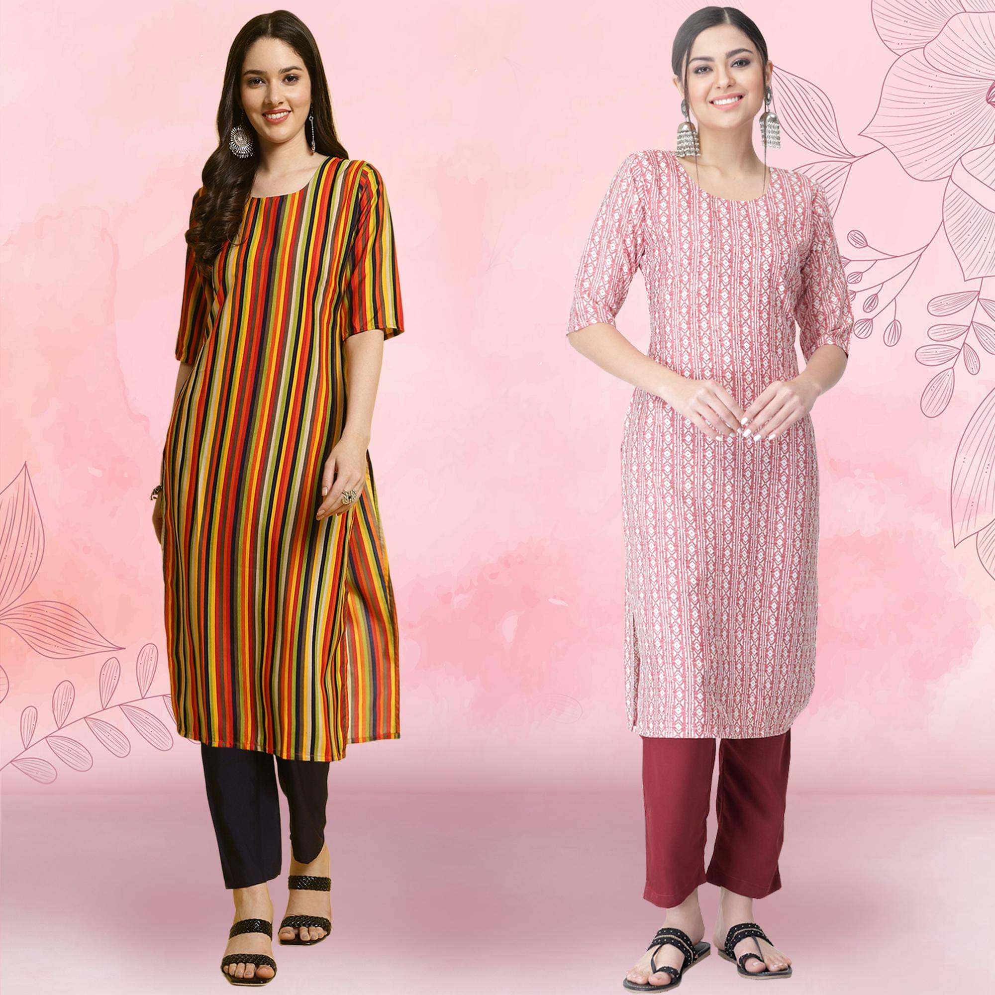     			Ethnicbasket Crepe Printed Kurti With Pants Women's Stitched Salwar Suit - Pink ( Pack of 2 )