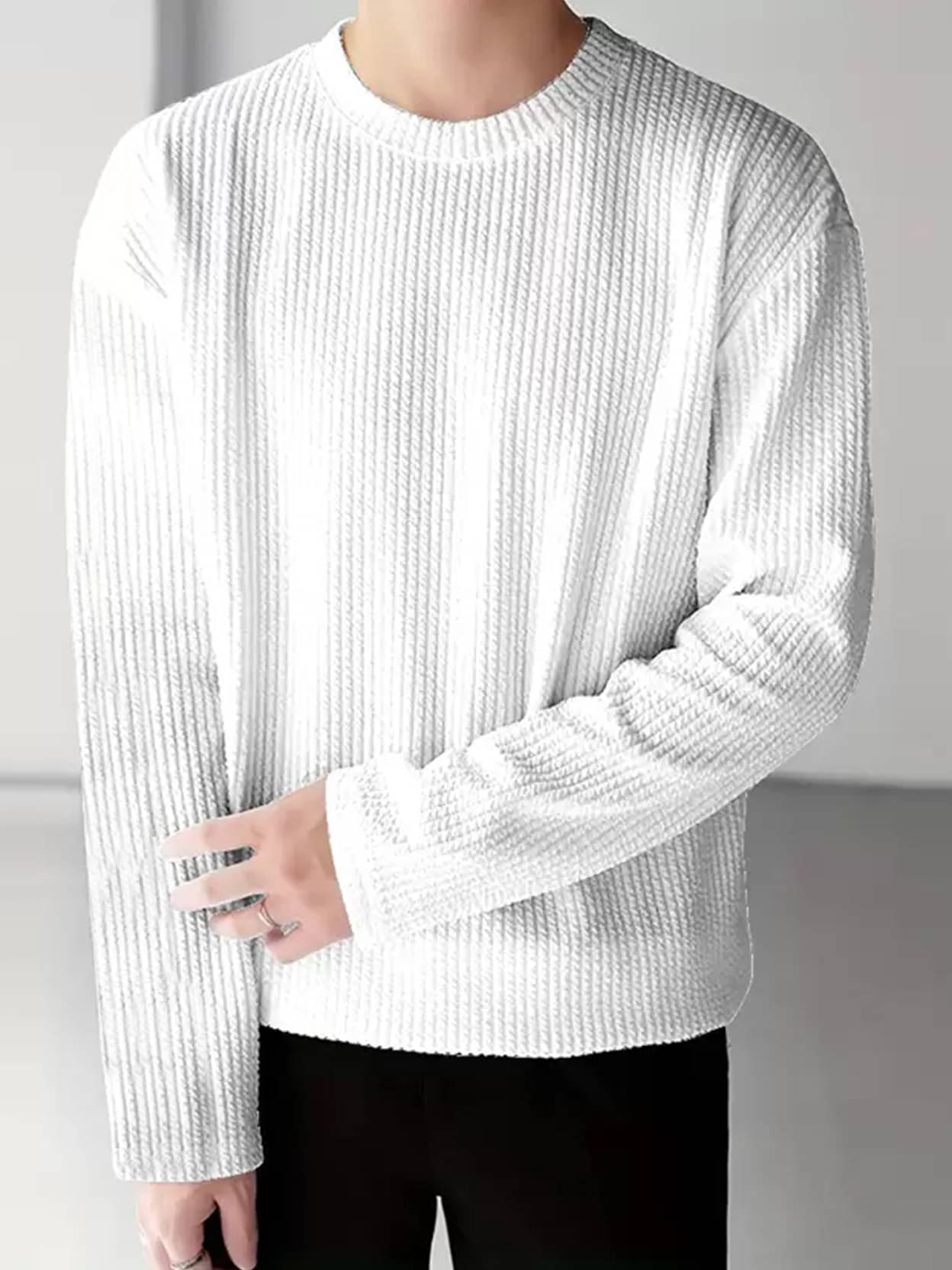     			Eyebogler Cotton Blend Oversized Fit Striped Full Sleeves Men's Round T-Shirt - White ( Pack of 1 )