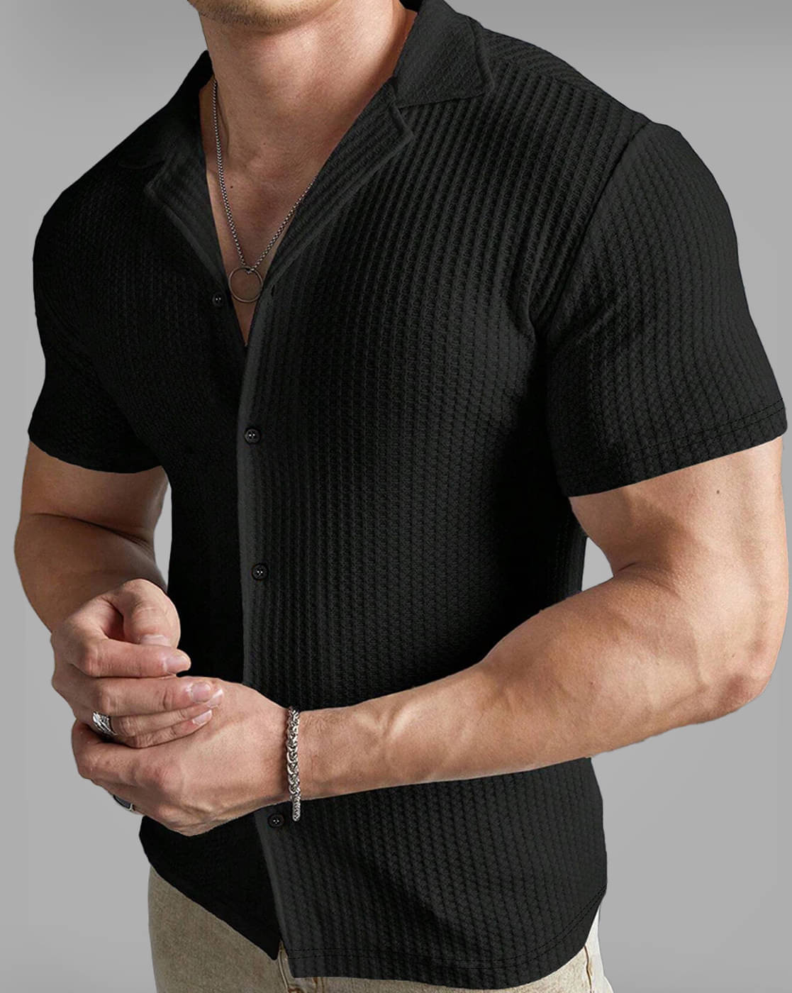     			Eyebogler Poly Cotton Regular Fit Popcorn Textured Half Sleeves Men's Casual Shirt - Black ( Pack of 1 )