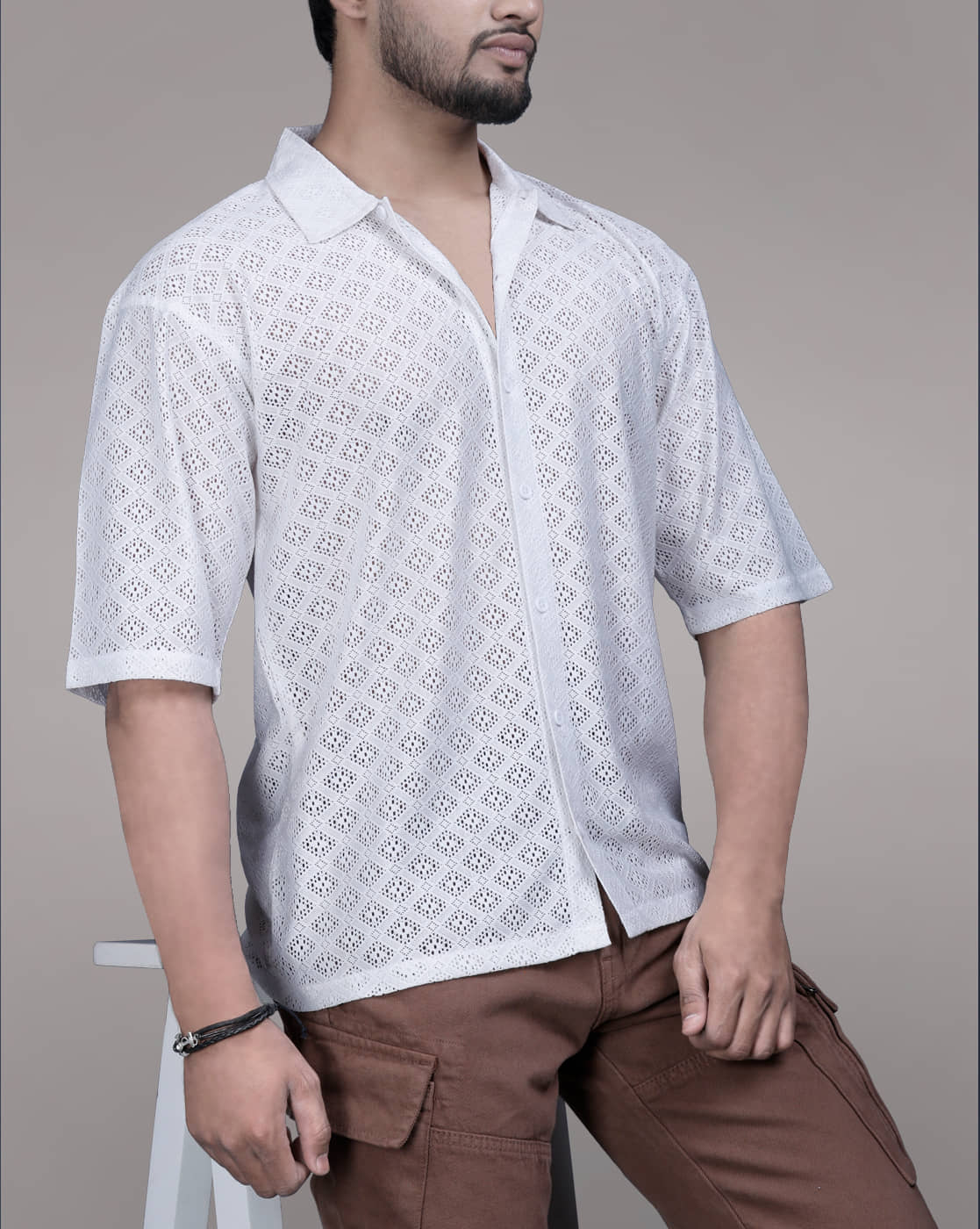 Eyebogler Polyester Oversized Fit Self Design Half Sleeves Men's Casual Shirt - White ( Pack of 1 )
