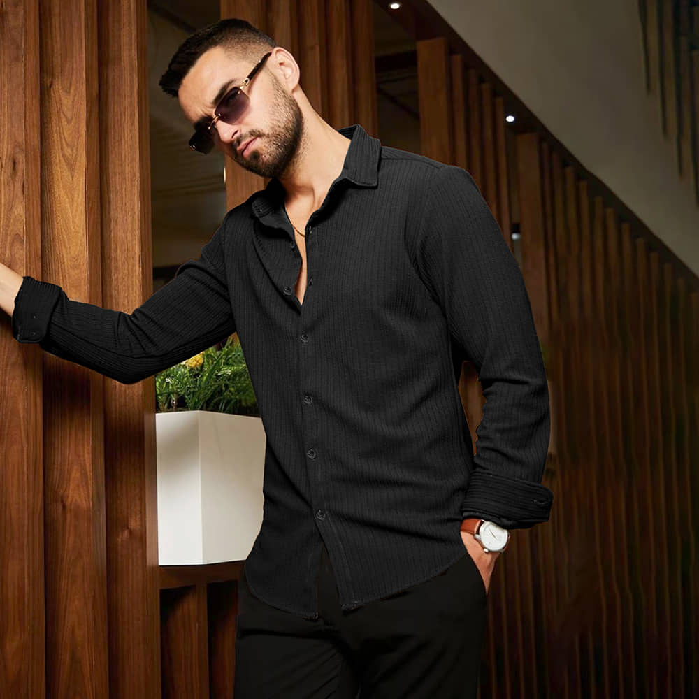 Eyebogler Polyester Regular Fit Solids Full Sleeves Men's Casual Shirt - Black ( Pack of 1 )