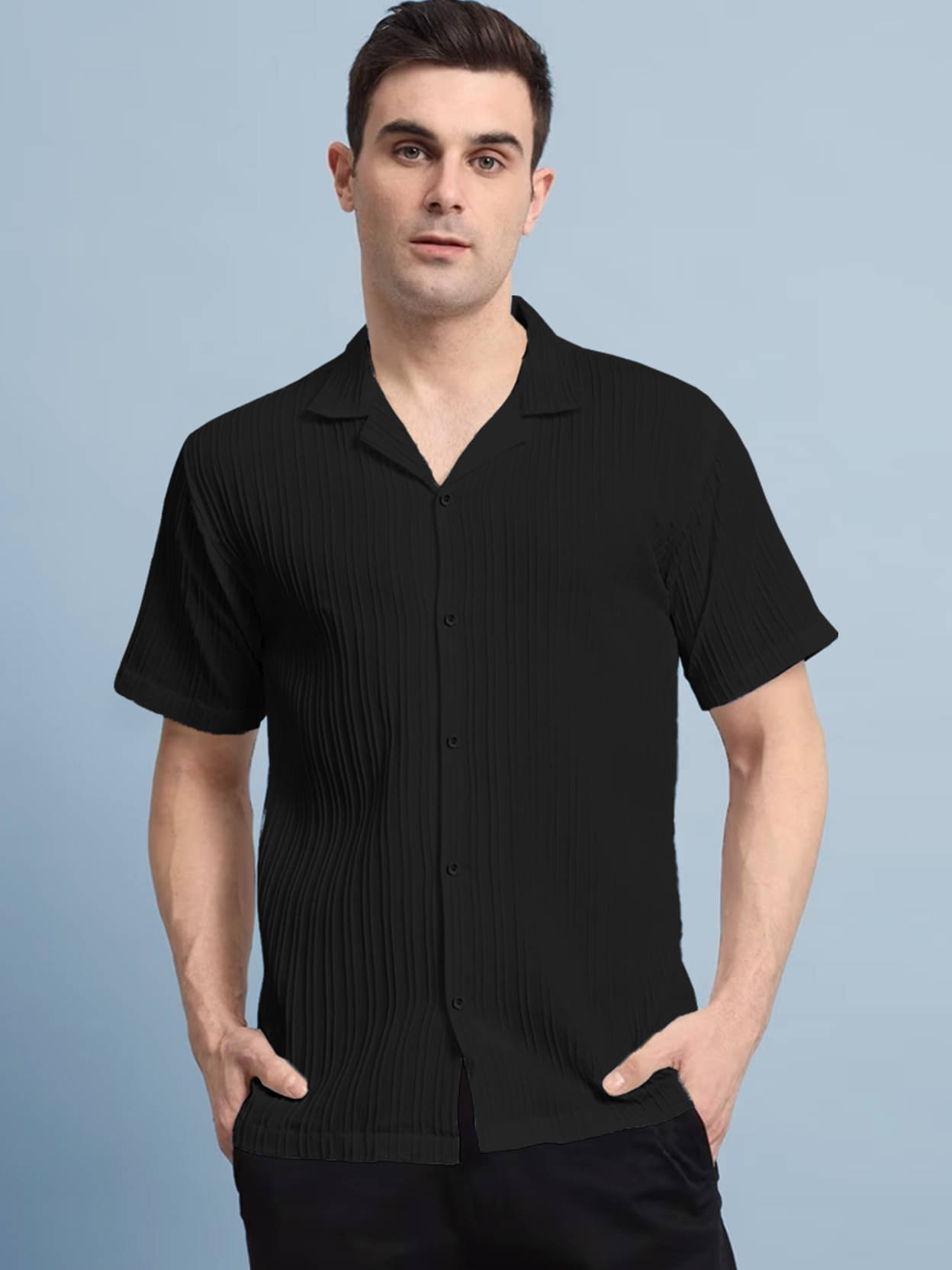     			Eyebogler Polyester Regular Fit Popcorn Textured Half Sleeves Men's Casual Shirt - Black ( Pack of 1 )