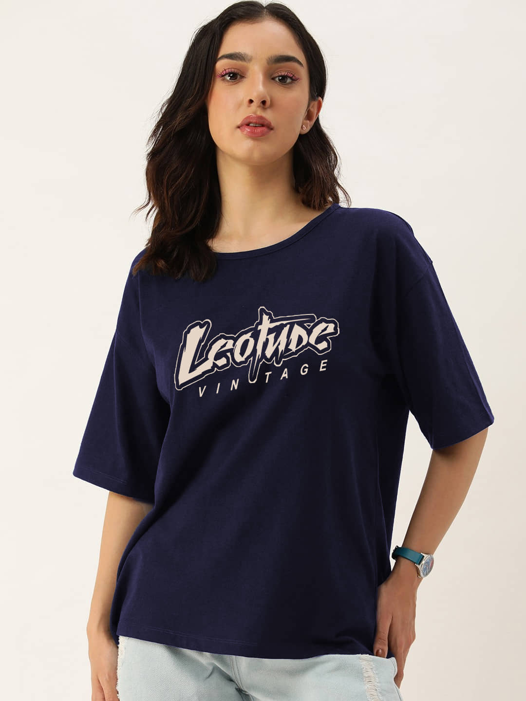 Leotude Women Cotton Blend Printed Oversized Fit Round Neck T-Shirt ( Blue )
