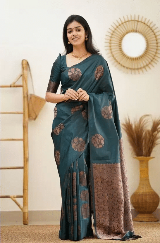 NENCY FASHIONS Kanjivaram Silk Woven Saree With Unstitched Blouse Piece ( Teal ) NENCY FASHIONS Kanjivaram Silk Woven Saree With Unstitched Blouse Piece ( Teal )
