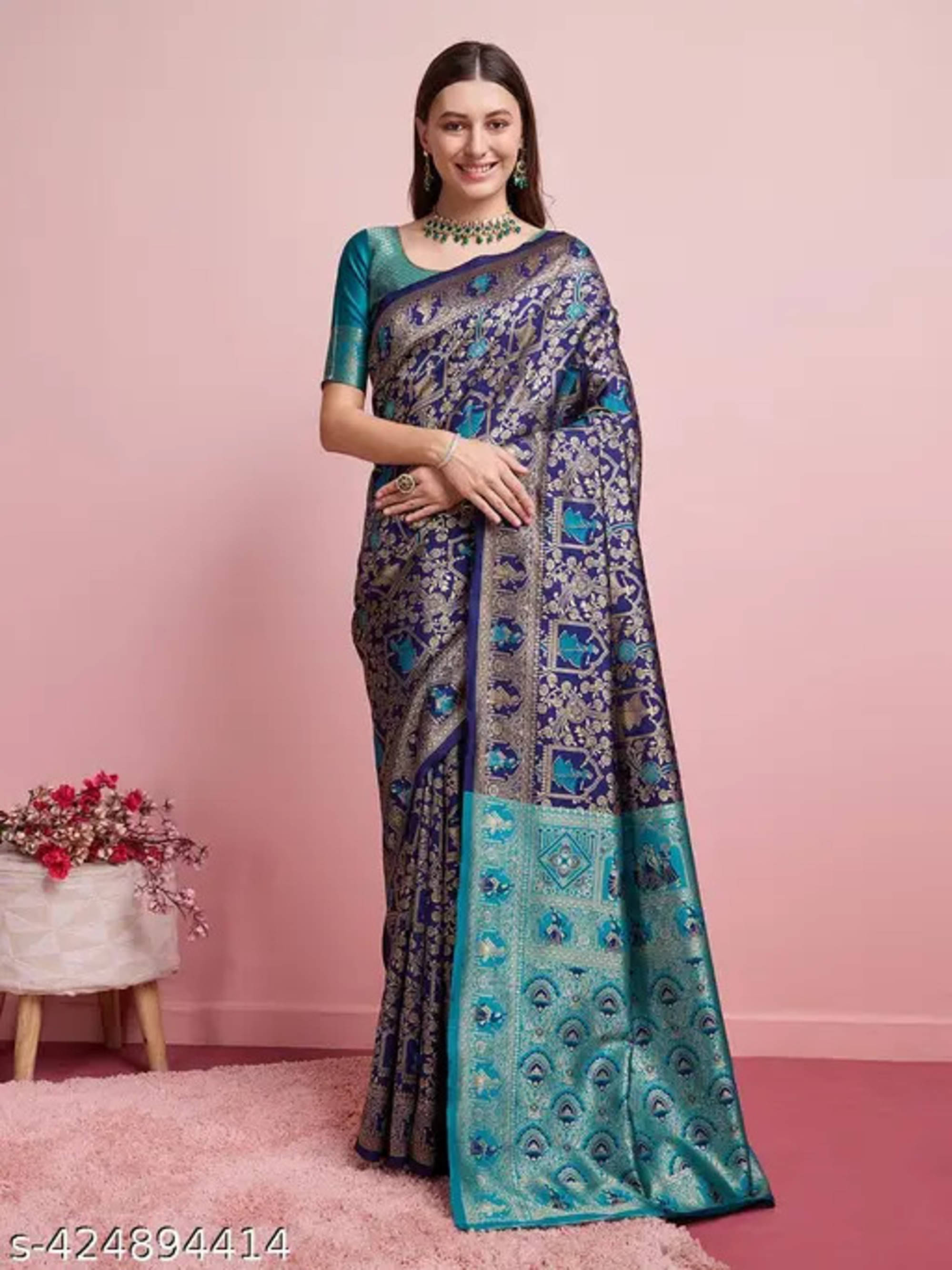 NENCY FASHIONS Banarasi Silk Woven Saree With Unstitched Blouse Piece ( Navy Blue ) NENCY FASHIONS Banarasi Silk Woven Saree With Unstitched Blouse Piece ( Navy Blue )
