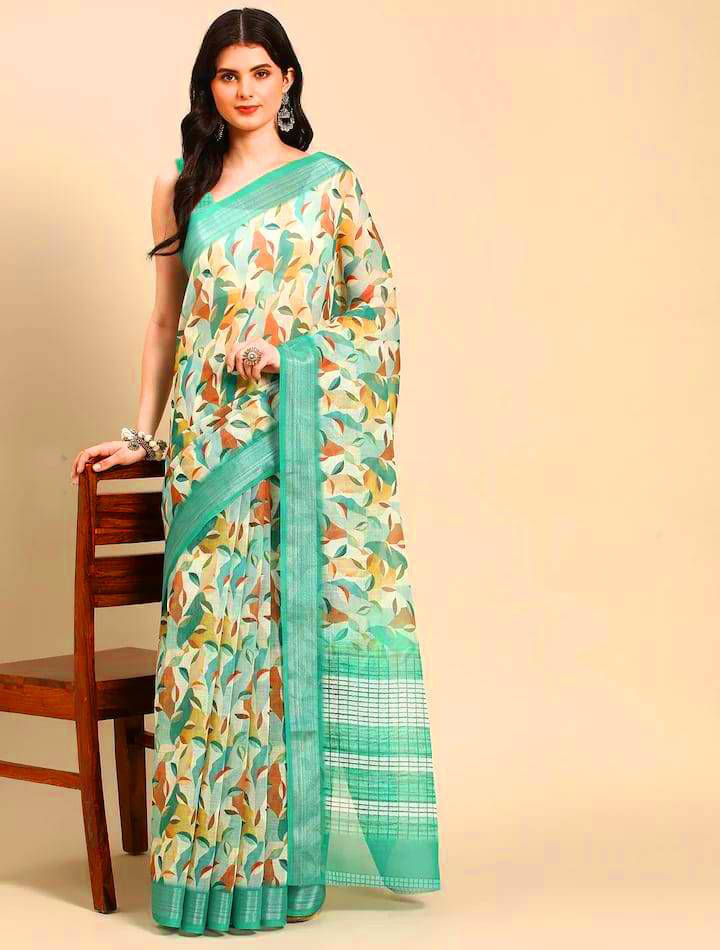 Pheasant Cotton Blend Printed Saree With Unstitched Blouse Piece ( Green ) Pheasant Cotton Blend Printed Saree With Unstitched Blouse Piece ( Green )