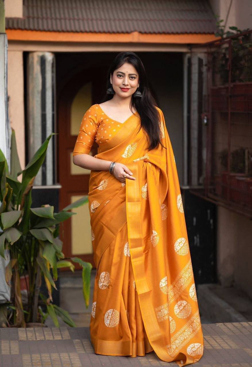 Pheasant Cotton Blend Printed Saree With Unstitched Blouse Piece ( Orange ) Pheasant Cotton Blend Printed Saree With Unstitched Blouse Piece ( Orange )