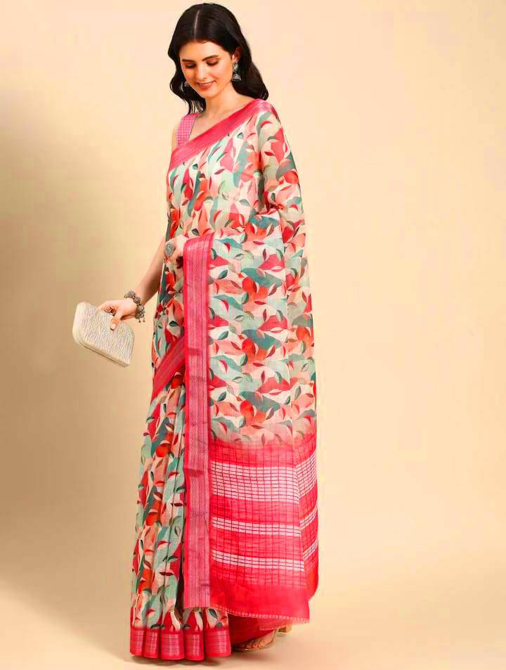     			Pheasant Cotton Blend Printed Saree With Unstitched Blouse Piece ( Pink )