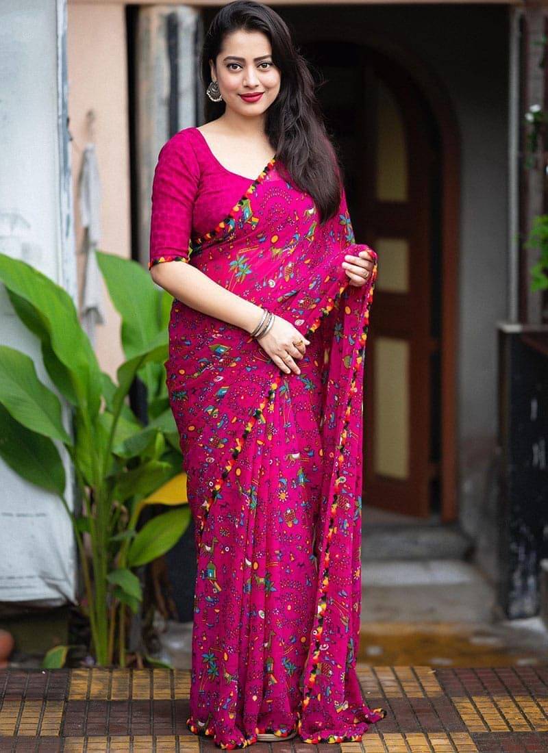 Pheasant Georgette Printed Saree With Unstitched Blouse Piece ( Pink ) Pheasant Georgette Printed Saree With Unstitched Blouse Piece ( Pink )
