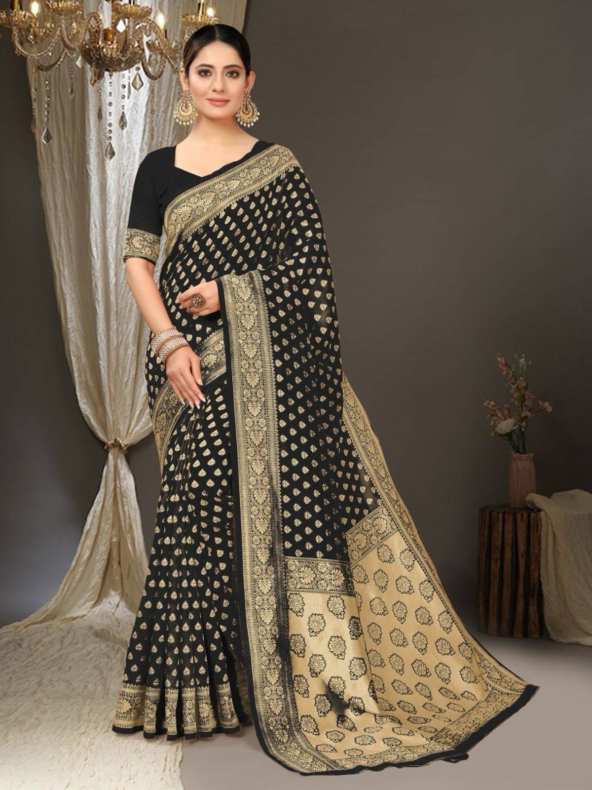     			Pheasant Jacquard Woven Saree With Unstitched Blouse Piece ( Black )