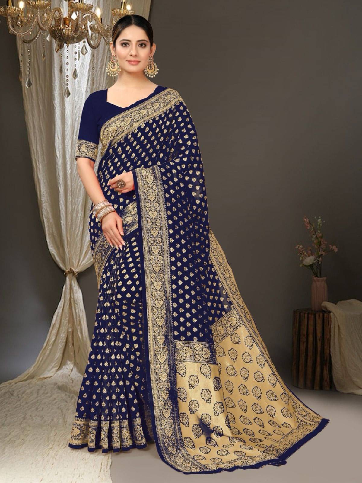 Pheasant Jacquard Woven Saree With Unstitched Blouse Piece ( Blue ) Pheasant Jacquard Woven Saree With Unstitched Blouse Piece ( Blue )
