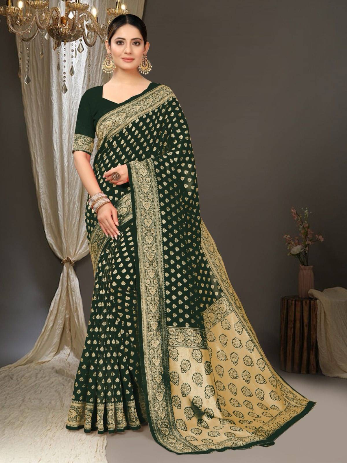Pheasant Jacquard Woven Saree With Unstitched Blouse Piece ( Green ) Pheasant Jacquard Woven Saree With Unstitched Blouse Piece ( Green )