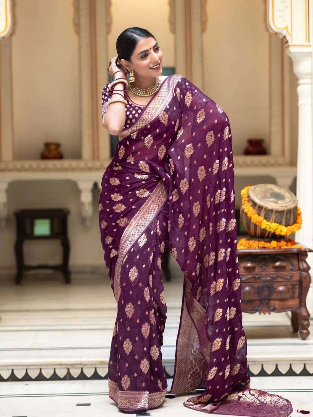 Pheasant Jacquard Woven Saree With Unstitched Blouse Piece ( Purple ) Pheasant Jacquard Woven Saree With Unstitched Blouse Piece ( Purple )