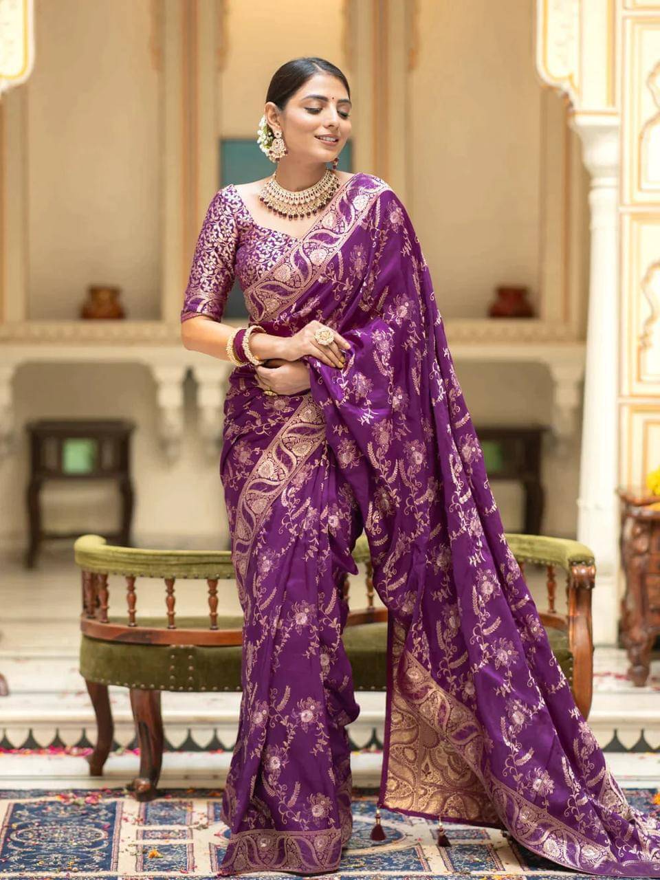 Pheasant Jacquard Printed Saree With Unstitched Blouse Piece ( Purple ) Pheasant Jacquard Printed Saree With Unstitched Blouse Piece ( Purple )
