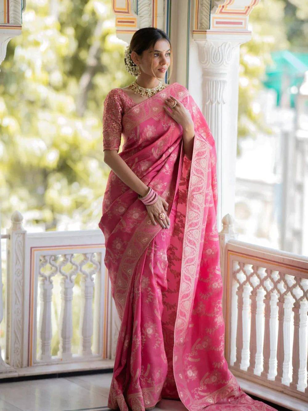 Pheasant Jacquard Printed Saree With Unstitched Blouse Piece ( Pink ) Pheasant Jacquard Printed Saree With Unstitched Blouse Piece ( Pink )