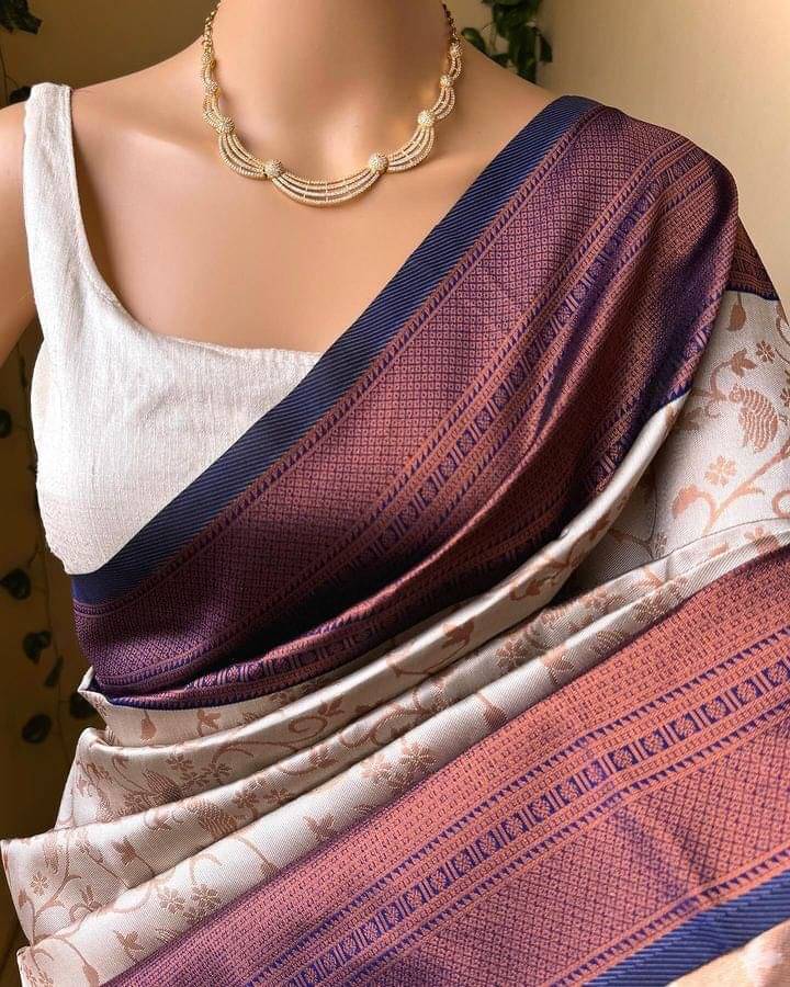 Pheasant Jacquard Woven Saree With Unstitched Blouse Piece ( White ) Pheasant Jacquard Woven Saree With Unstitched Blouse Piece ( White )