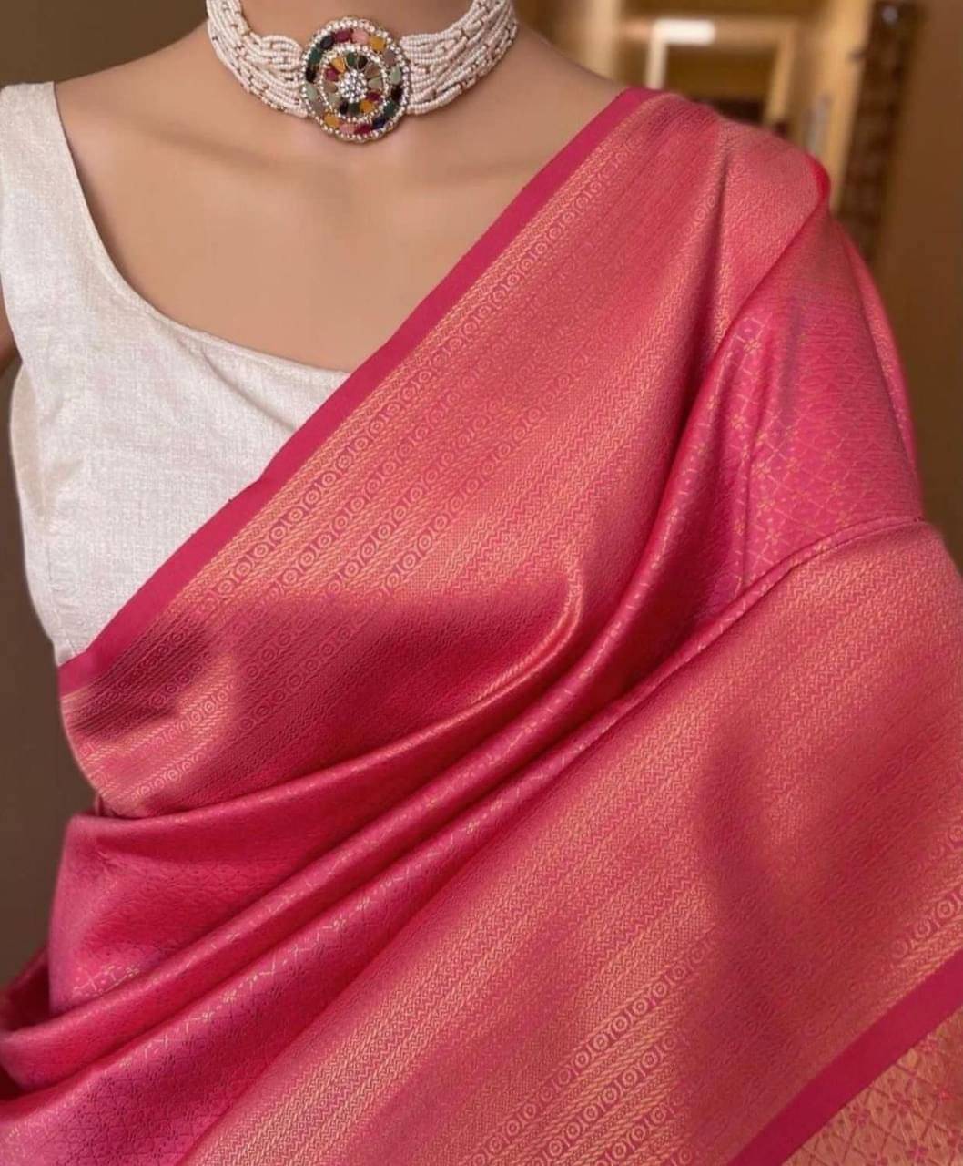 Pheasant Jacquard Woven Saree With Unstitched Blouse Piece ( Pink ) Pheasant Jacquard Woven Saree With Unstitched Blouse Piece ( Pink )