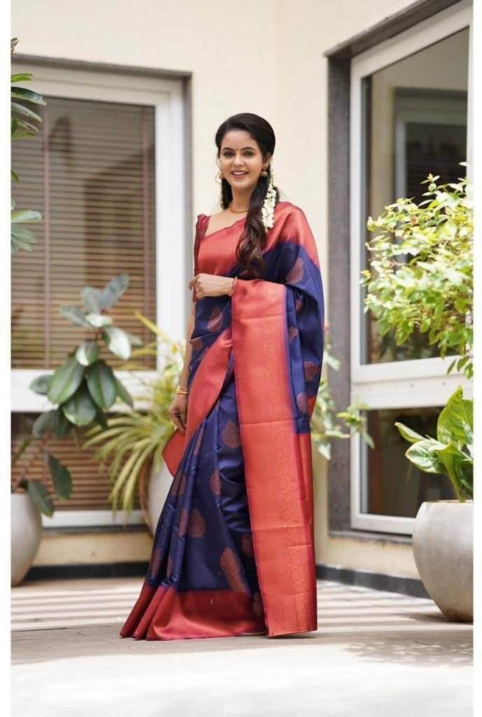     			Pheasant Jacquard Applique Saree With Unstitched Blouse Piece ( Blue )