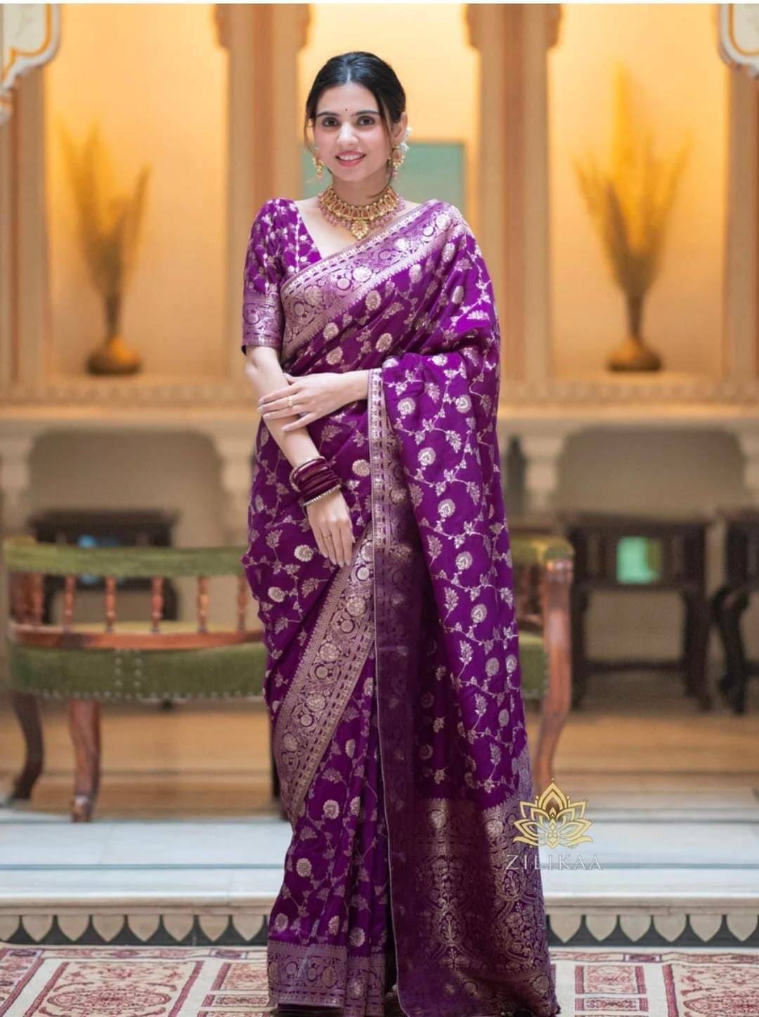 Pheasant Jacquard Woven Saree With Unstitched Blouse Piece ( Purple ) Pheasant Jacquard Woven Saree With Unstitched Blouse Piece ( Purple )
