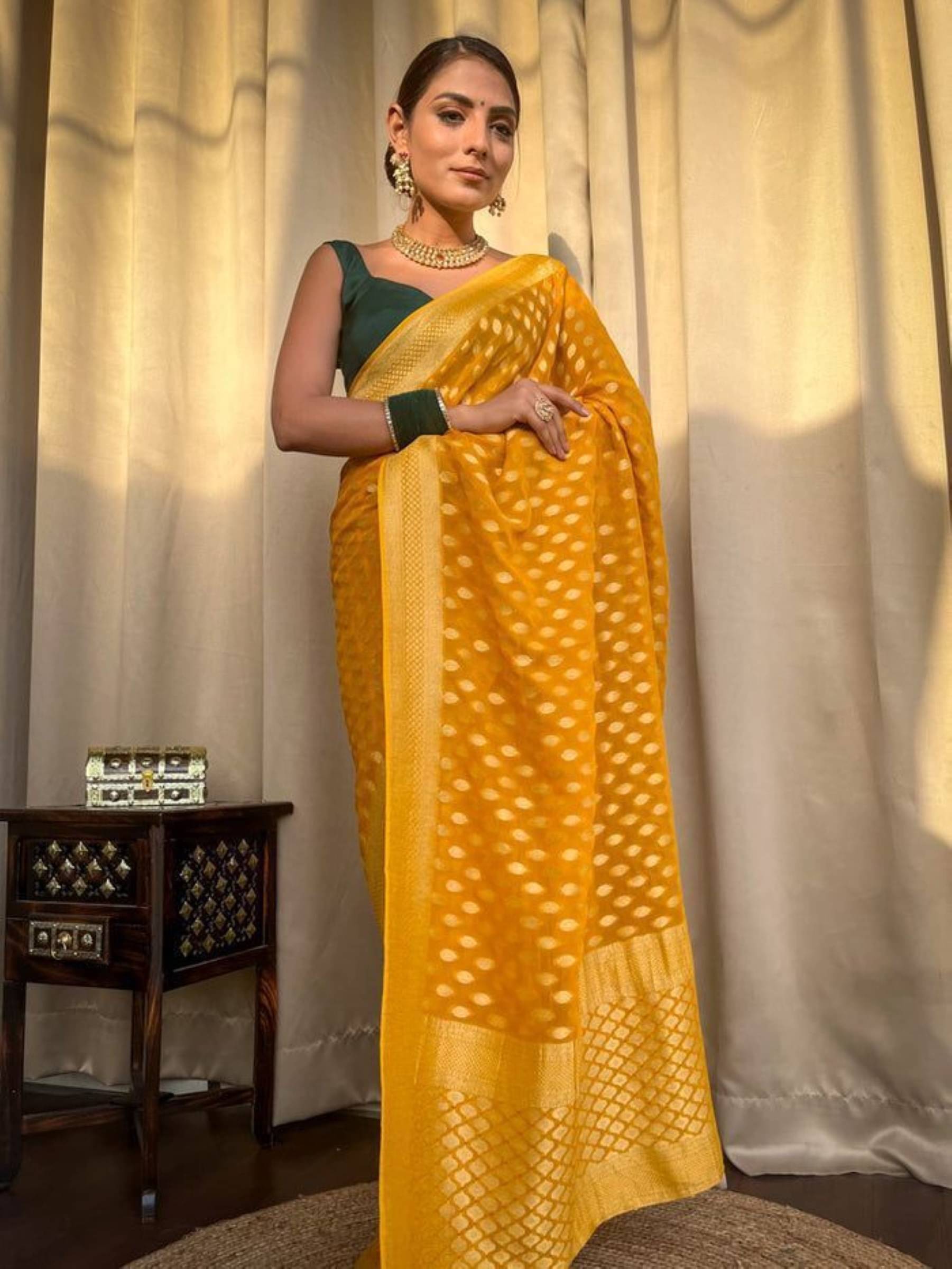 Pheasant Jacquard Woven Saree With Unstitched Blouse Piece ( Yellow ) Pheasant Jacquard Woven Saree With Unstitched Blouse Piece ( Yellow )