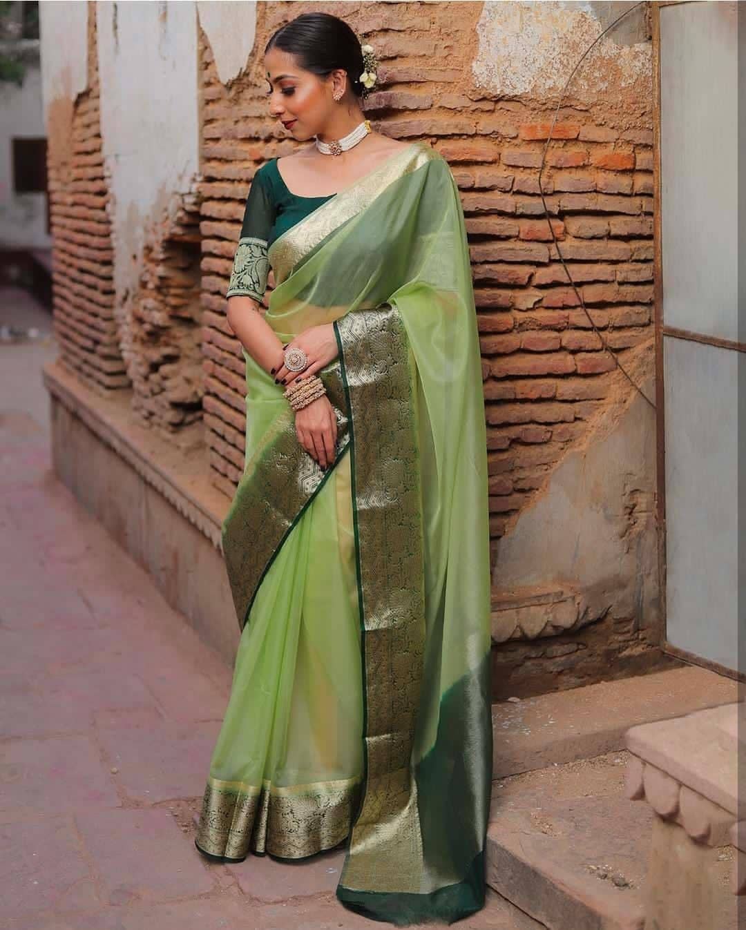 Pheasant Organza Woven Saree With Unstitched Blouse Piece ( Multicolor1 ) - Sarees | Buy online on ZillyBuy